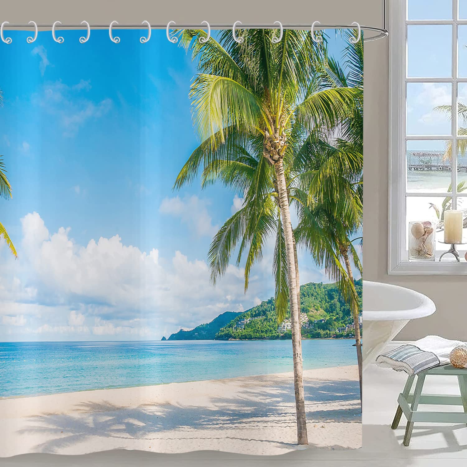 Hnmdmyi Ocean Beach Shower Curtain 165x180, Tropical Palm Trees Seaside Island Blue Sky Hawaiian Landscape Bathroom Curtains with Hooks Waterproof Polyester Fabric Washable Bath Curtains for Wet Room