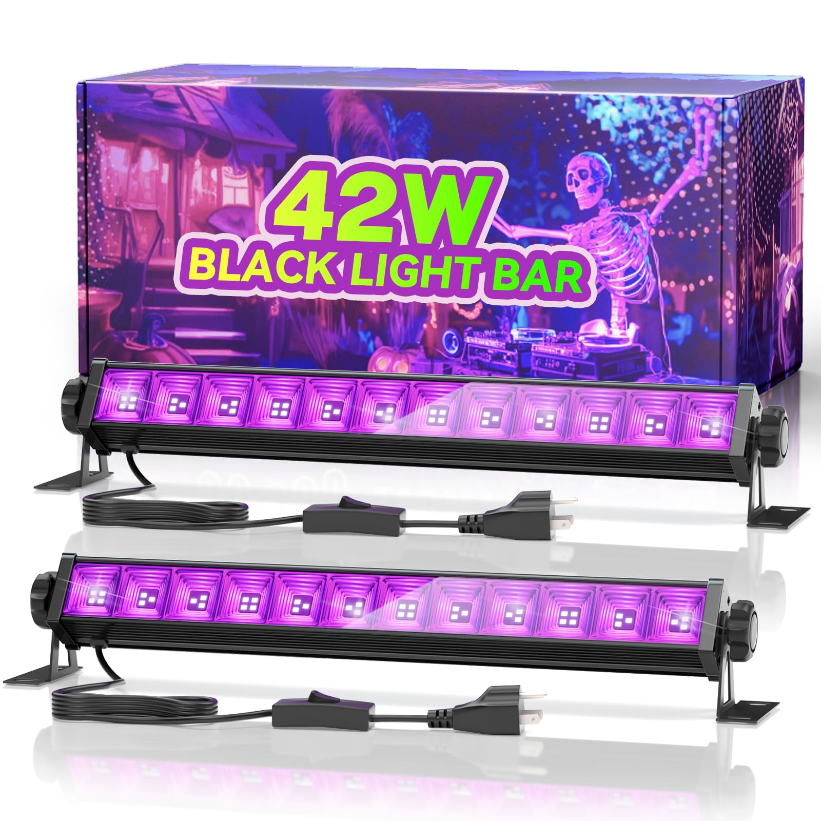 2 Pack 42W LED Black Light Bar, Blacklight with 6FT Cord+Switch+Plug, Glow in The Dark Black Lights Party Supplies for Halloween Decorations, Fluorescent Poster, Body Paint, Classroom, Bedroom