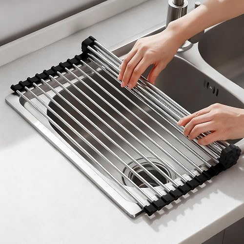 NEZUIBAN Dish Drying Rack with Roll Up and Over Sink for Kitchen,17.5'x15.7',Black