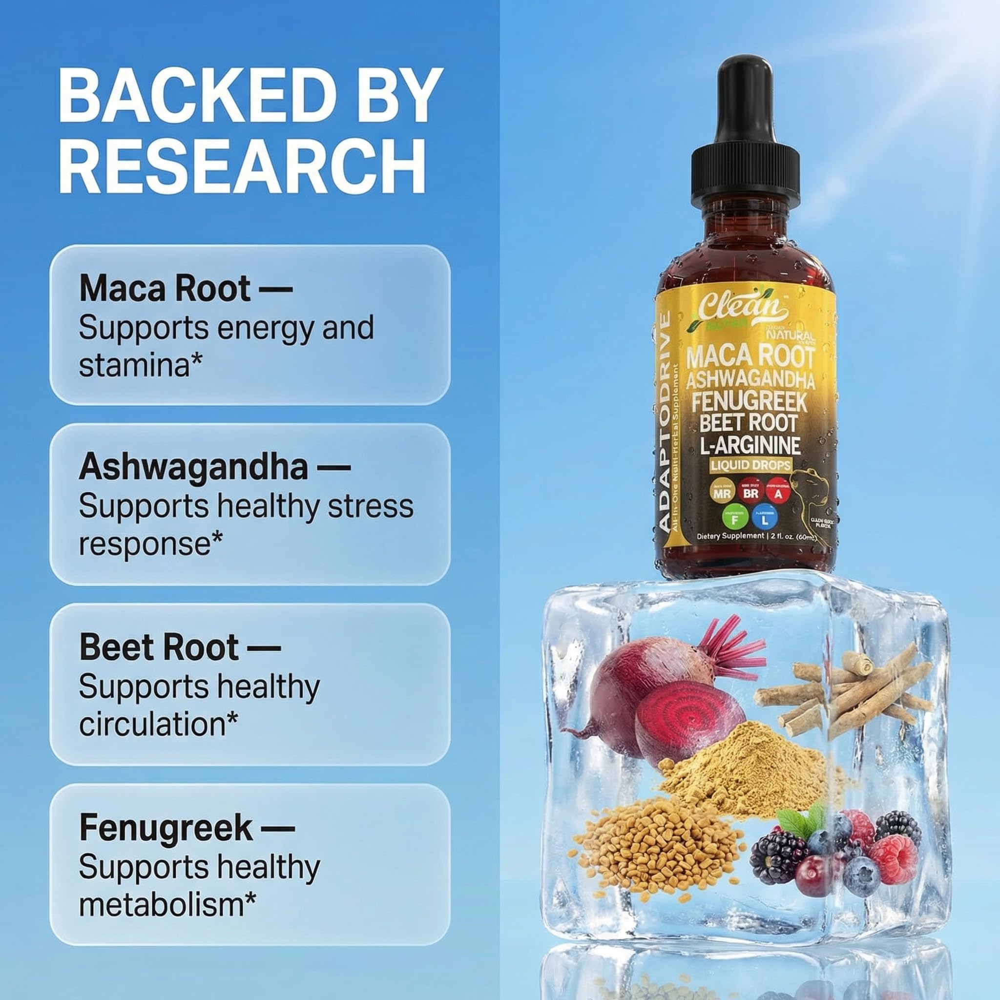 Clean Nutra Organic Maca Root Liquid Drops with Ashwagandha, Fenugreek, Beet Root and L-Arginine Liquid Multivitamin for Women and Men - Adapto Drive — Amazon image 3