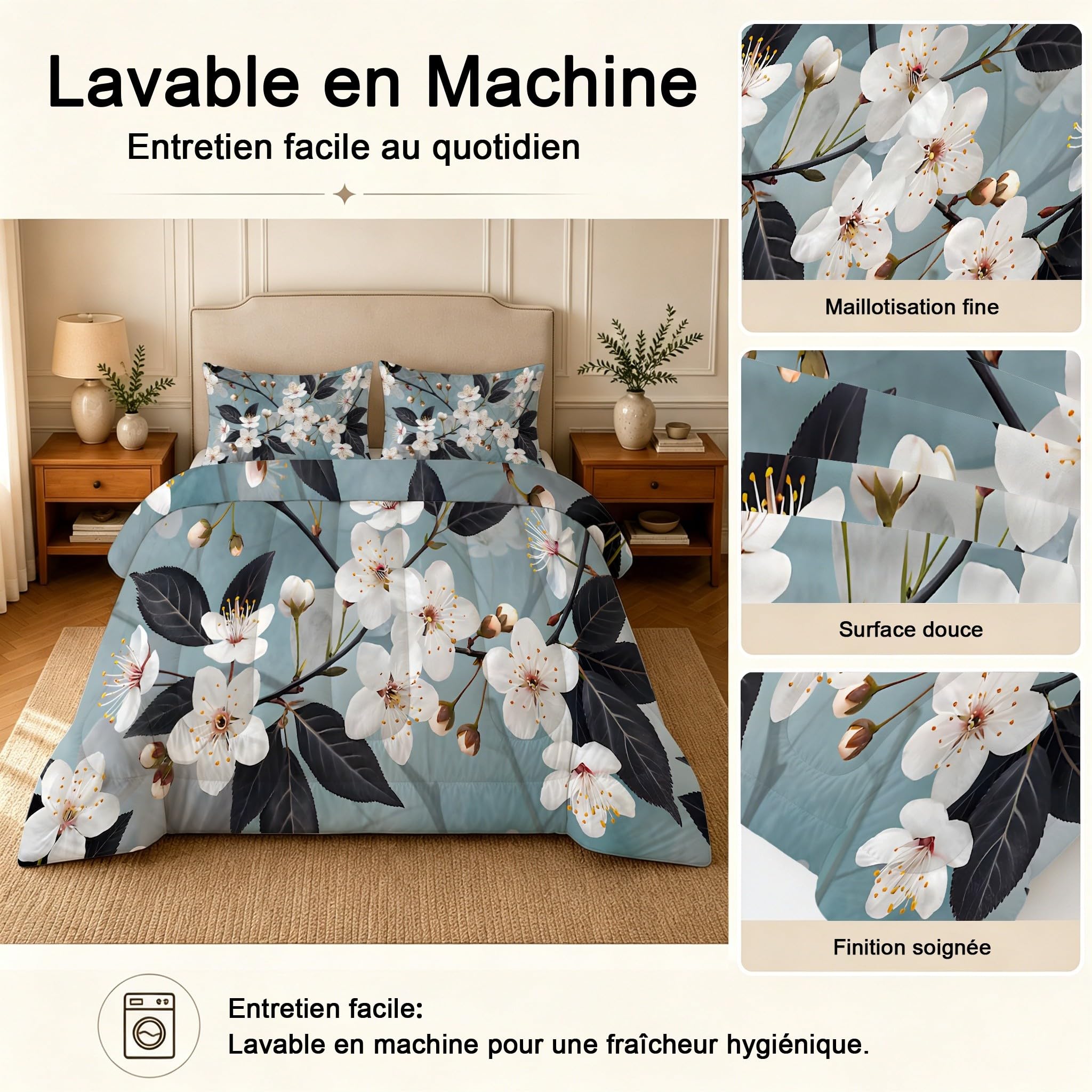 Couette 140x200 Enfant Sans Housse Imprimée Fleurs de Cerisie 4 Saisons