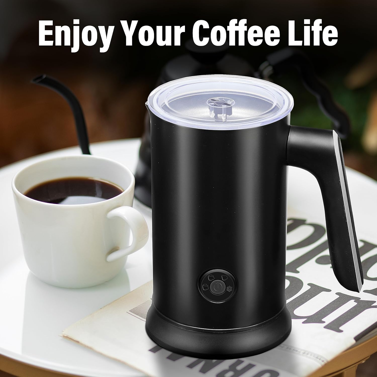 YSSOA Electric Milk Frother Handheld with Stainless Steel Stand Battery Operated Whisk Drink Mixer for Coffee, Frappe, Latte, Matcha, Hot Chocolate, Black (240ml/8.12oz, Classic Black)