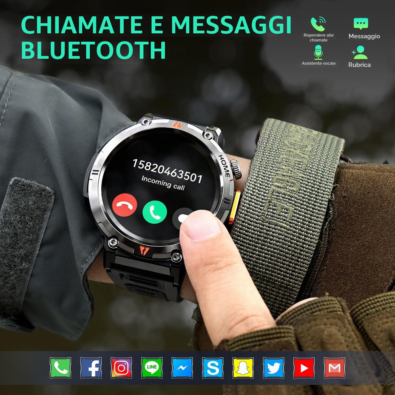 GPS Smartwatch Militare Uomo Impermeabile 3ATM con Torcia LED Bussola, 1,45" HD Rugged Smartwatch Orologio con Chiamate Bluetooth, Fitness Watch con Cardiaca SpO2 Notifiche WhatsApp per Android iOS