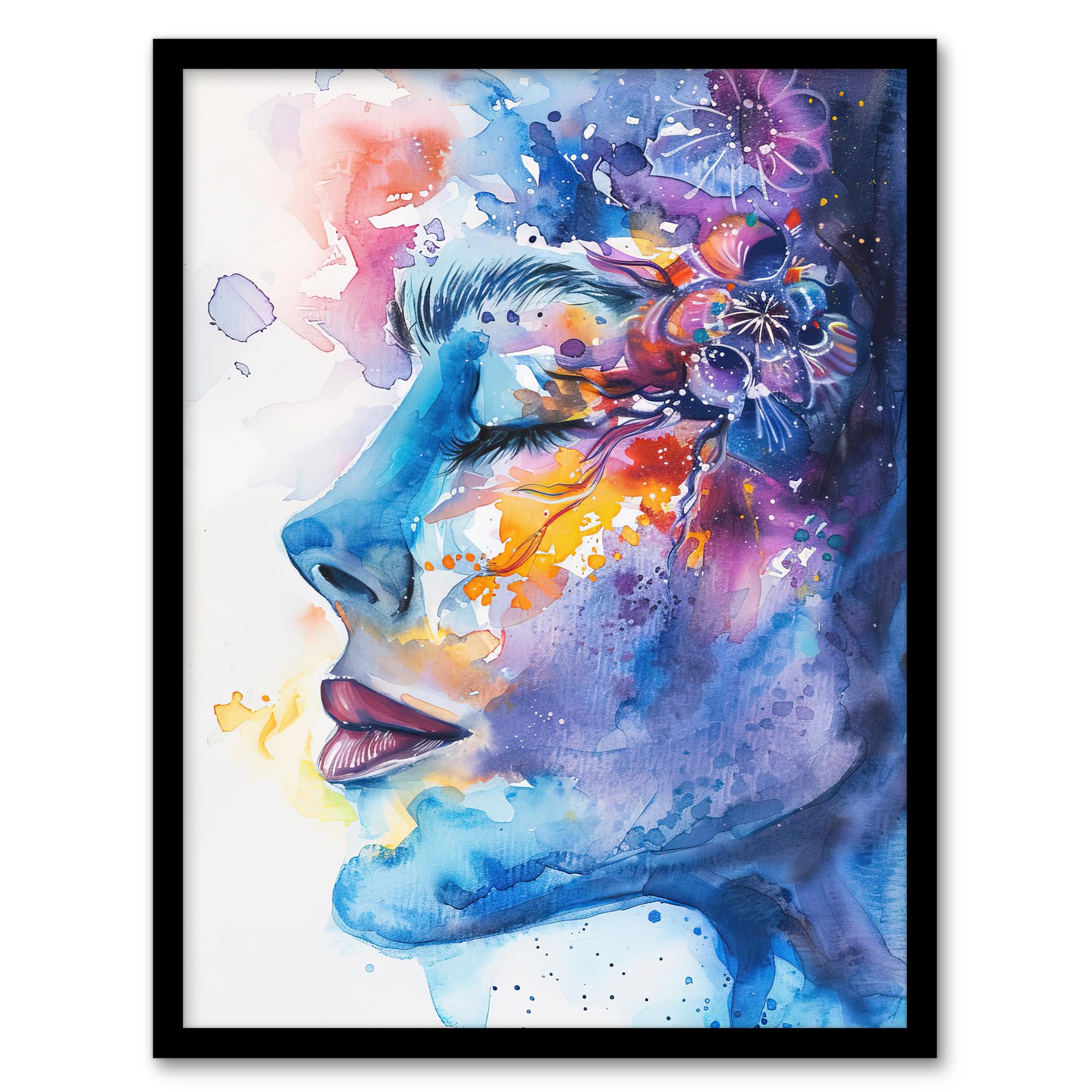 Artery8 Ethereal Woman Face Portrait Floral Watercolour Living Room Artwork Framed Wall Art Print A4