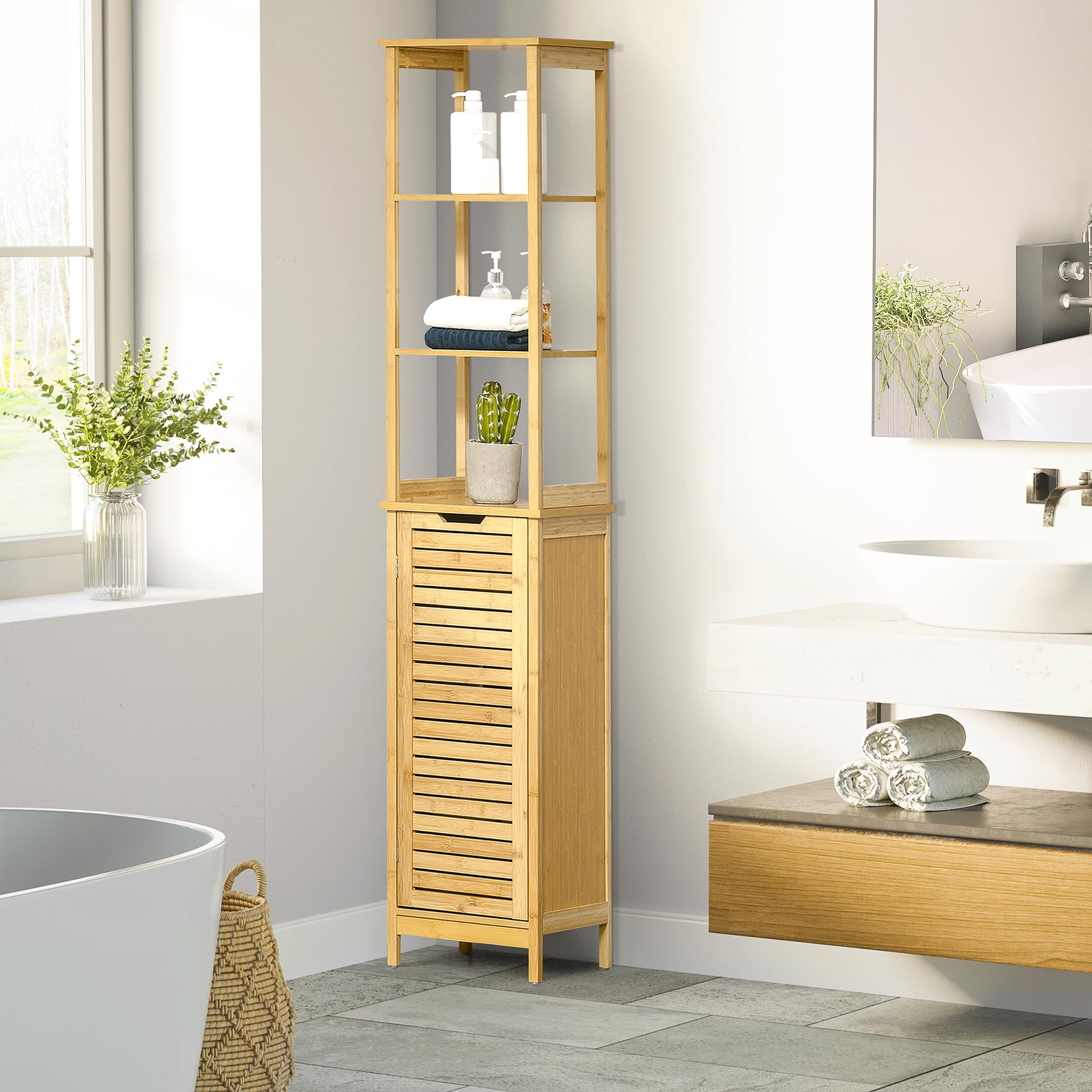 kleankin Badezimmerschrank Badschrank 3 Offene Fächer 34x30x173 cm Natur