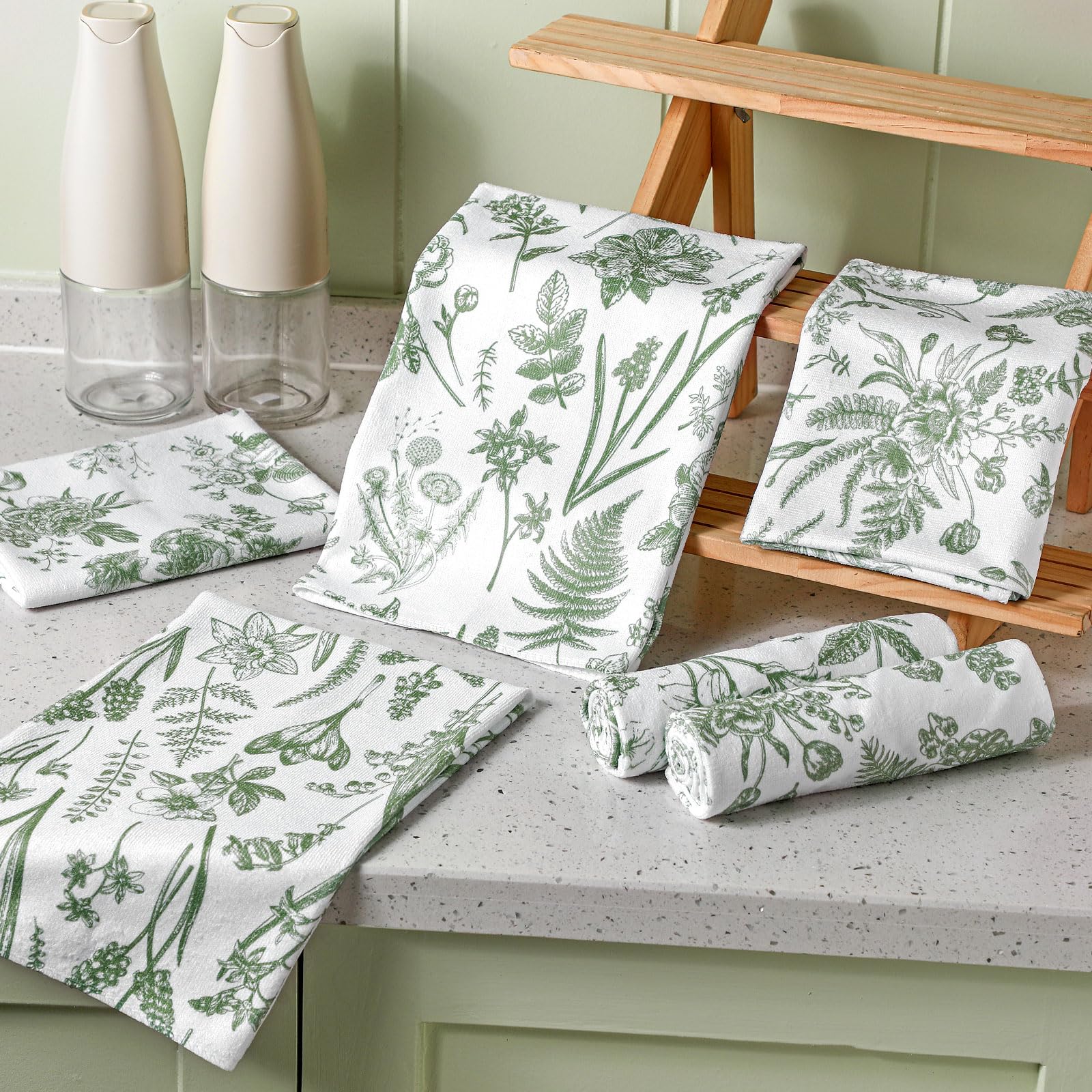 Boyiee 6 Sets Sage Green Kitchen Towels Set Vintage Floral Dish Tea Towels Absorbent Wildflower Dishtowels 24