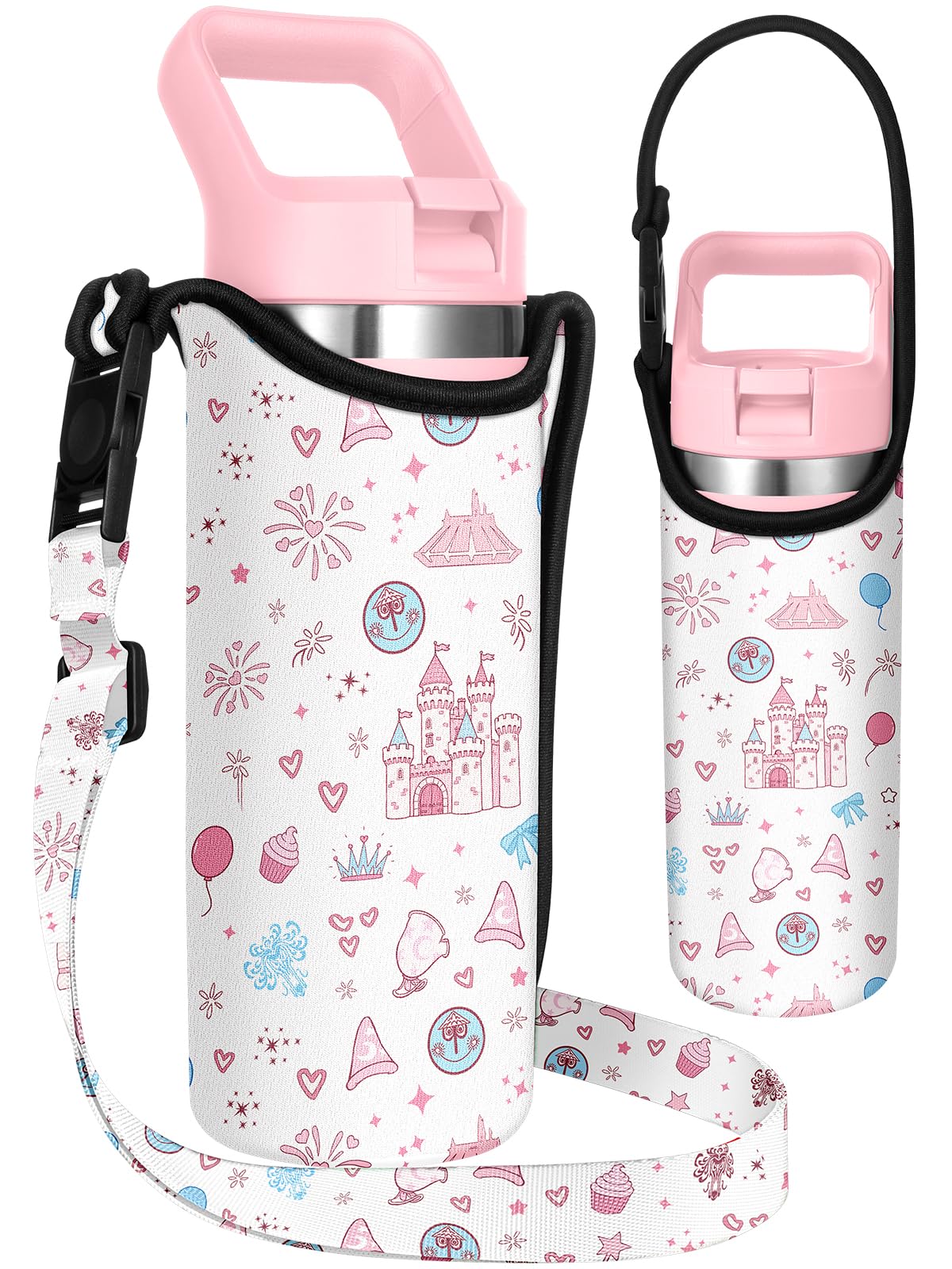 Miss Adola Kids Water Bottle Carrier with Strap - 14-20 oz Neoprene Bottle Holder Cute Cartoon Design Handheld or Crossbody for Girls, Castle