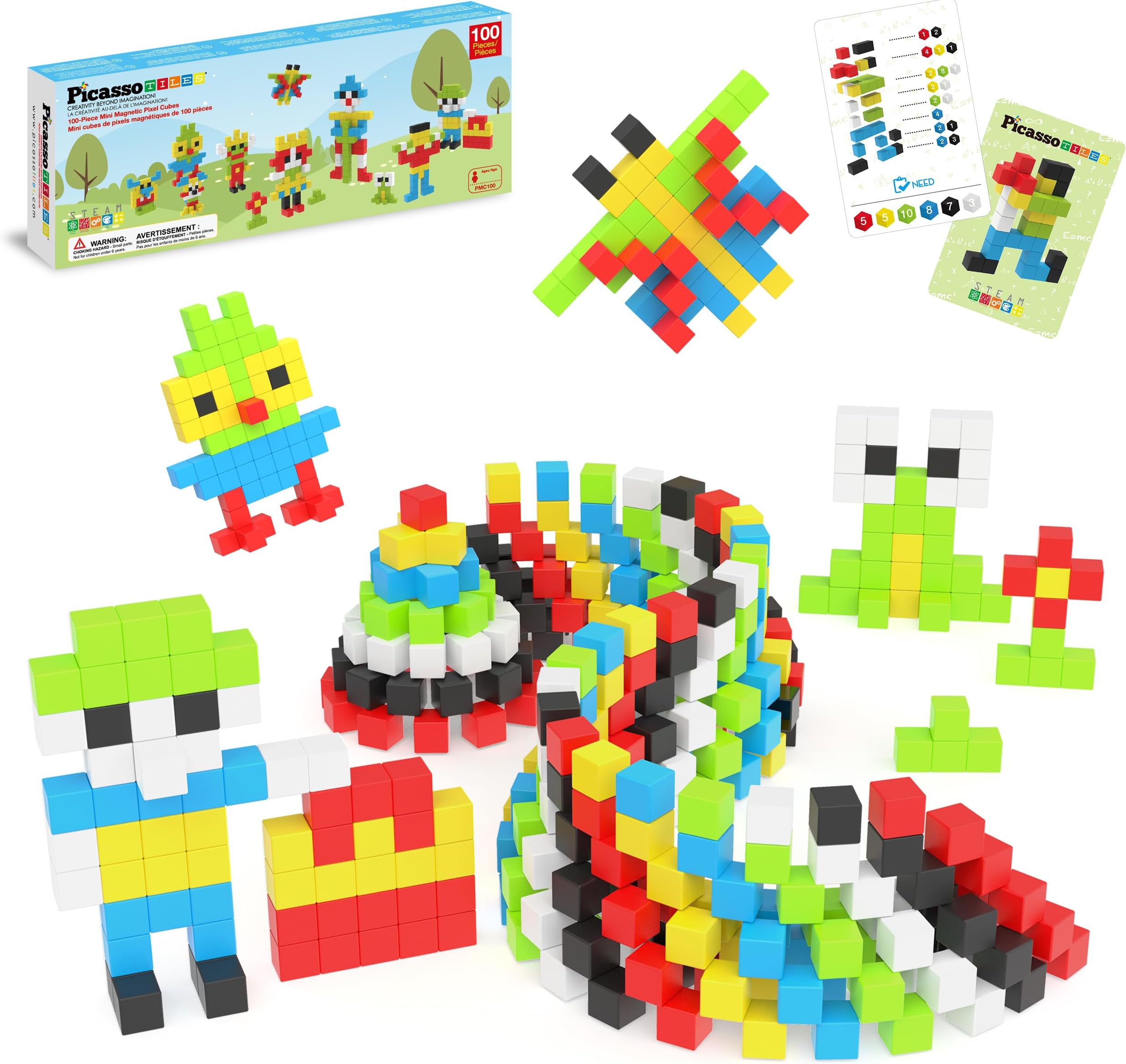 PicassoTiles 100pcs 0.5” Pixel Magnetic Puzzle Cube Mix & Match Cubes Sensory Toys STEAM Education Learning Building Block Magnets Children Construction Toy Set Stacking Magnet Creative Kit PMC100
