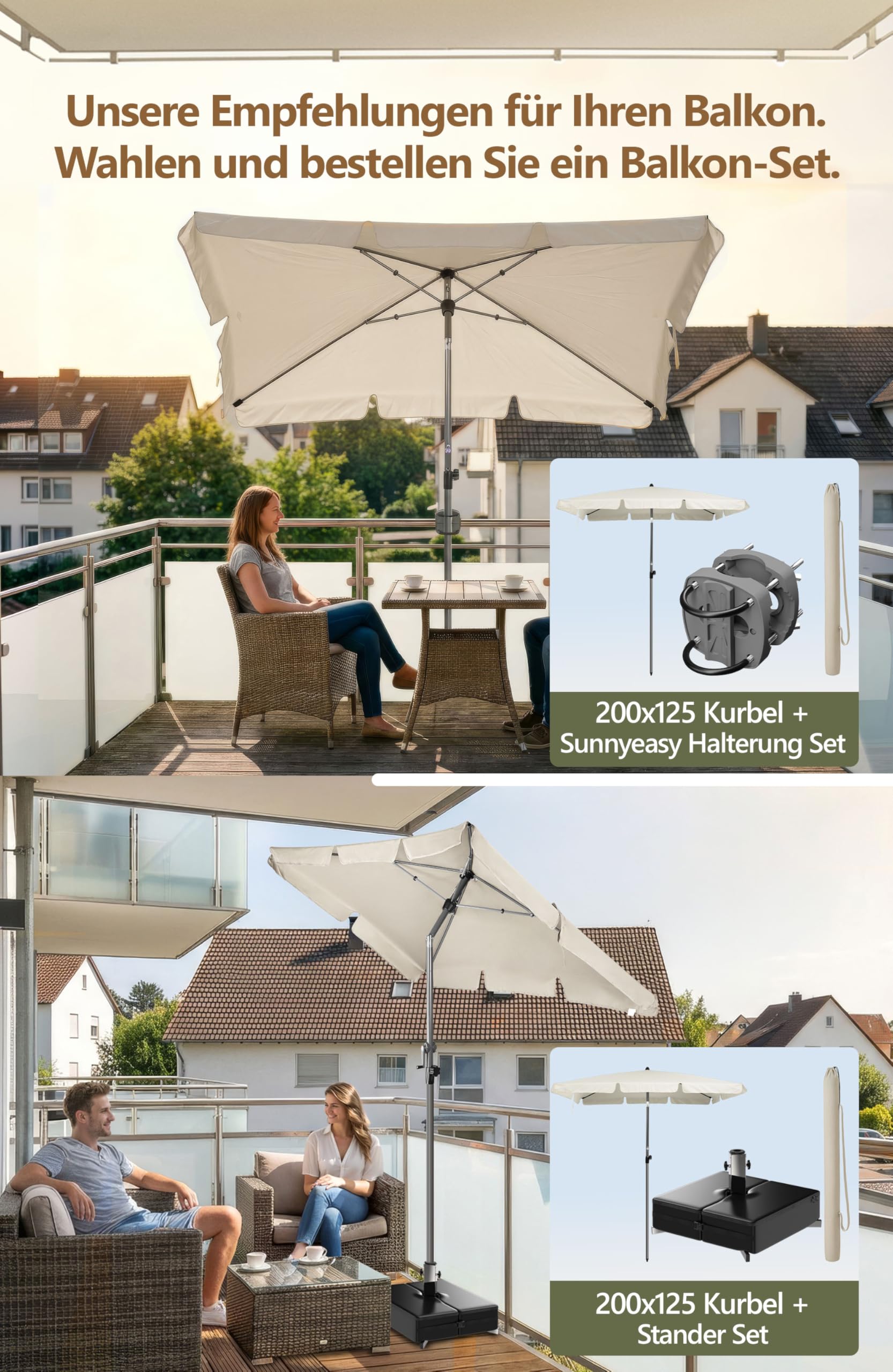 Menz SunnyShade Balkonschirm, mit Kurbel, Roma, mit Schutzhülle, Sonnenschirm Balkon 200x125 cm, Sonnenschirm rechteckig, UV 50+ Sonnenschutz Balkon, knickbar und höhenverstellbar, Beige