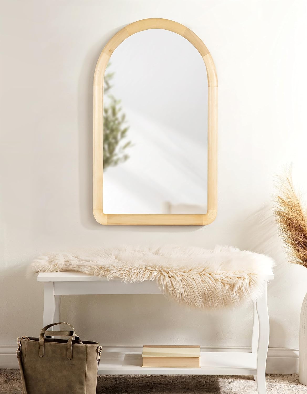 Kate and Laurel Dessa Modern Arched Wooden Wall Mirror; 24 x 36; Natural; Contemporary Bathroom Vanity Mirror with Chunky Rounded Profile and Solid Poplar Wood Frame