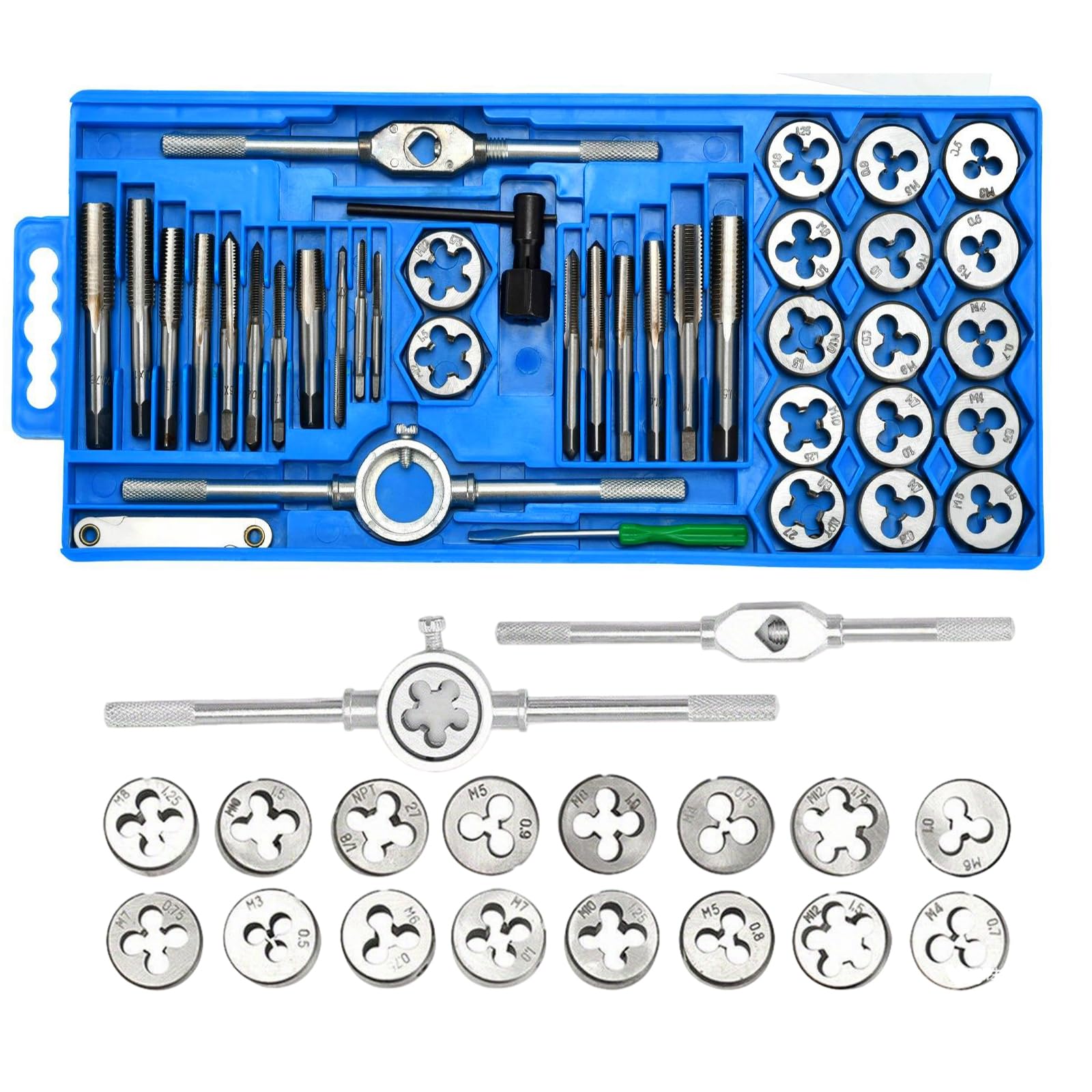TMZDCJK 40pc Metric Tap and Die Set M3 to M12, Alloy Steel Threading Tools with Cotter Die, Tap Wrench and Pitch Gauge