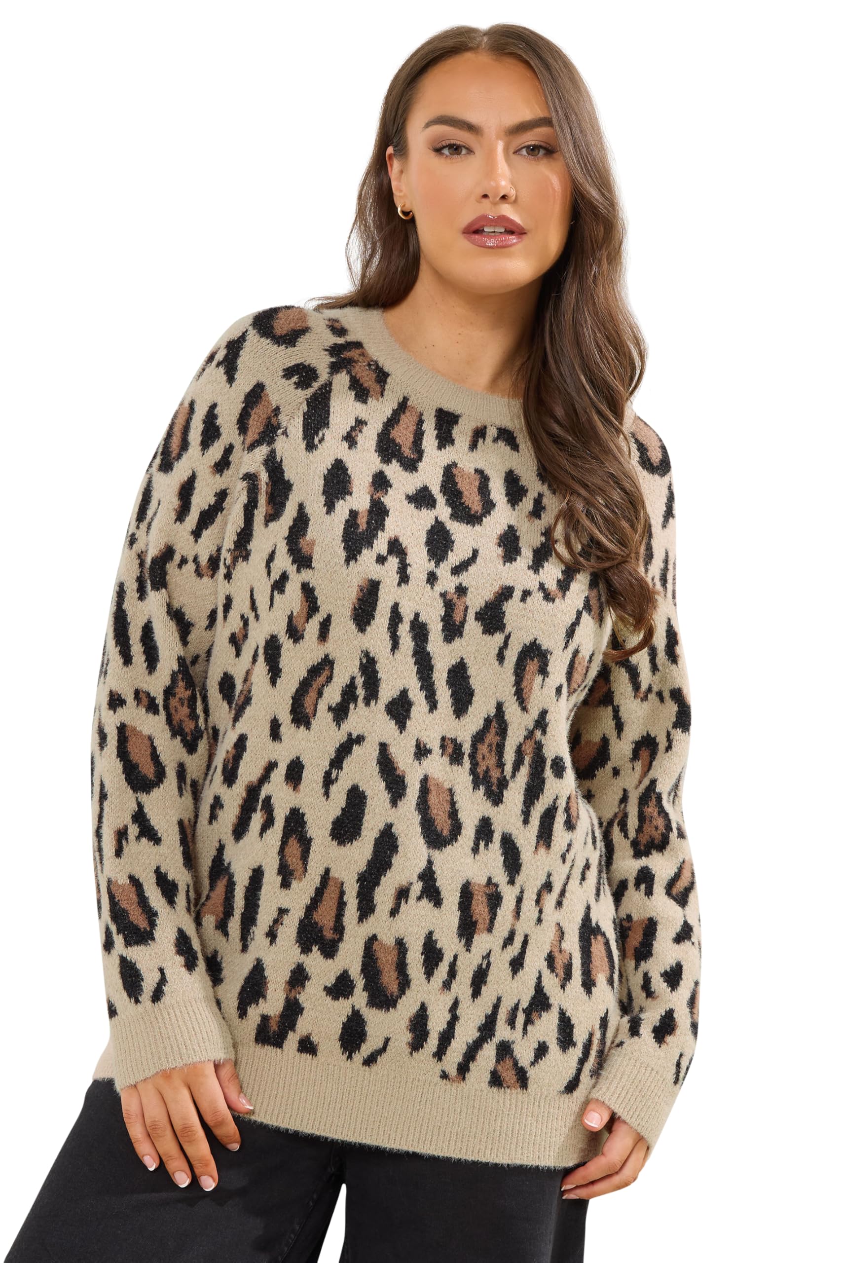 Yours Women's Natural Curve Brown Soft Touch Leopard Jumper - Plus Size Curve