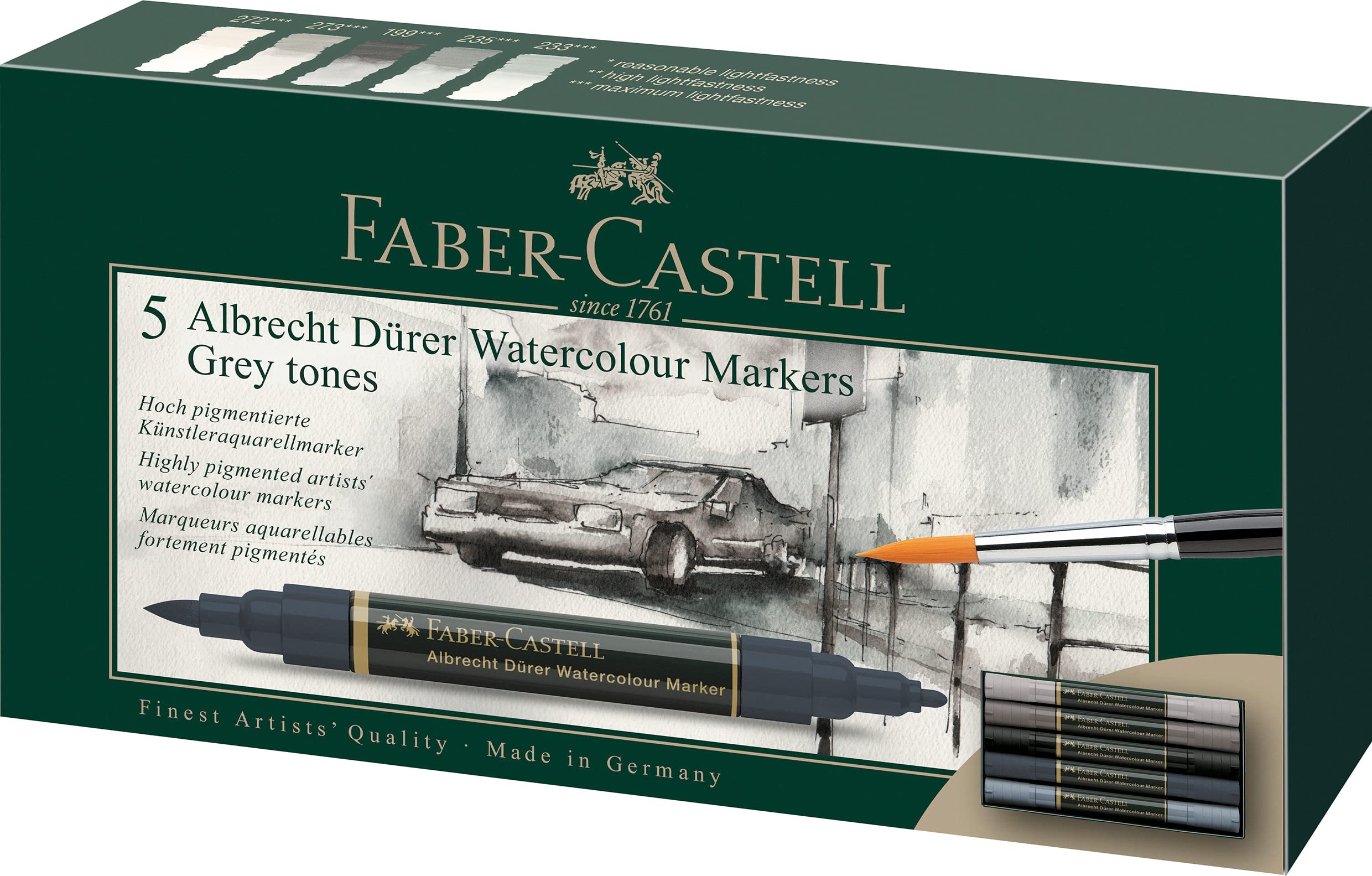 FABER-CASTELL - Markery akwarelowe Albrecht Dürer, 5 odcieni szarości | Wysoce pigmentowane kredki artystyczne z końcówką pędzelkową i włóknistą