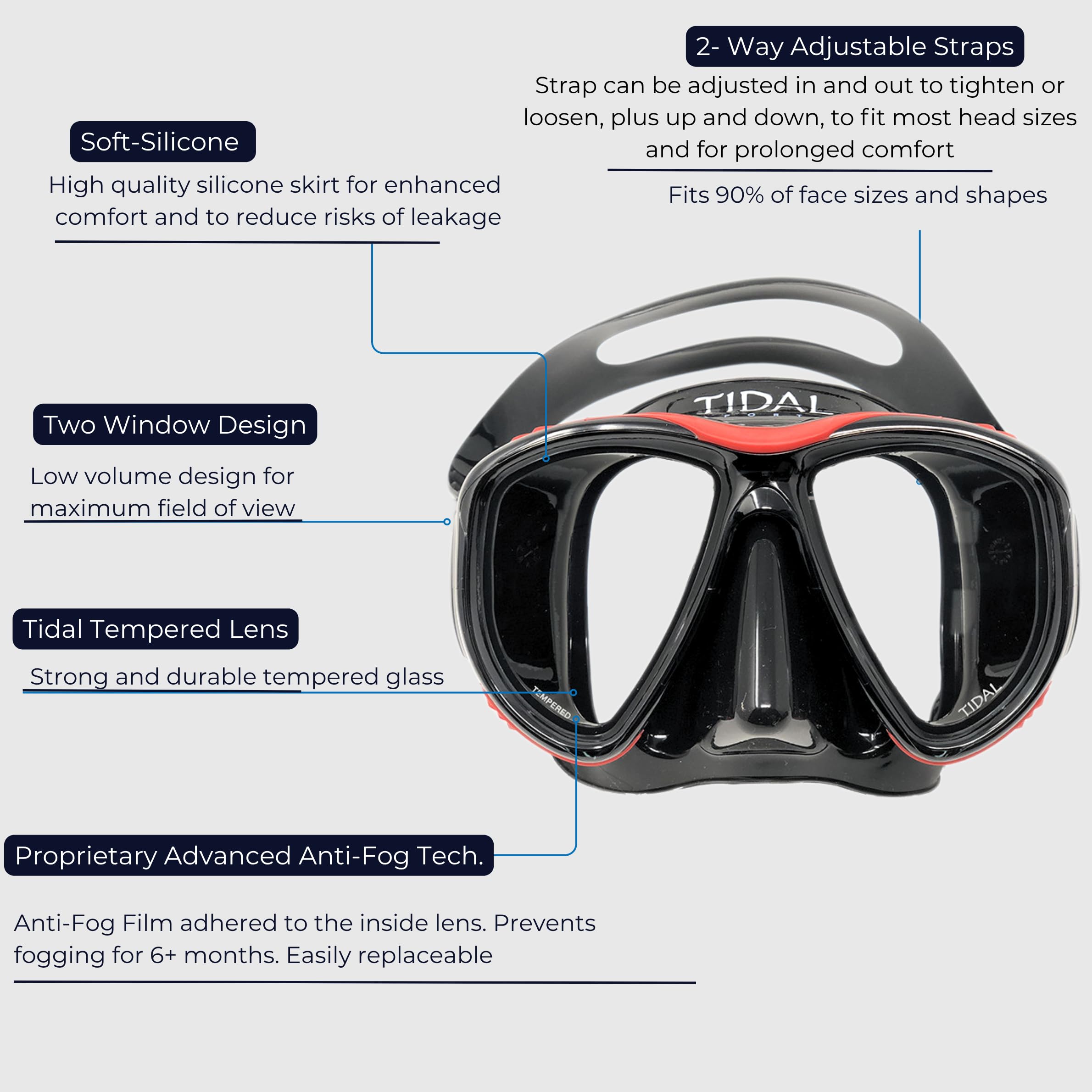 Pro Shot Tidal Mask – Fortschrittliche Anti-Beschlag-Schnorchelmaske zum Schnorcheln, Schwimmen und Tauchen mit Weitwinkelglas aus gehärtetem Glas und bester Anti-Beschlag-Technologie (rot)