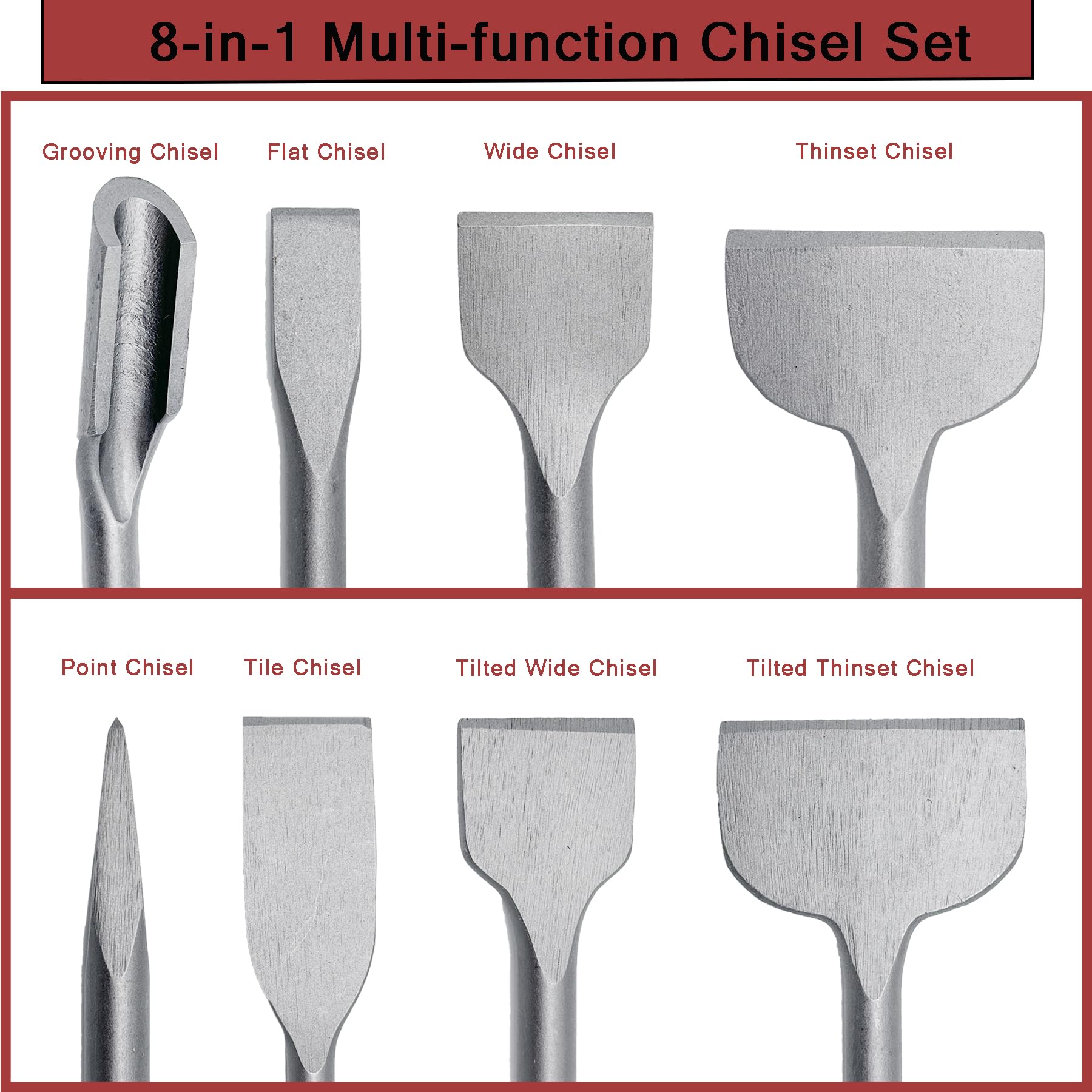 Juego de 8 cinceles SDS Plus, juego de brocas de hormigón para mampostería, brocas de cincel para extracción de azulejos para martillo rotativo con punta plana ancha para azulejos