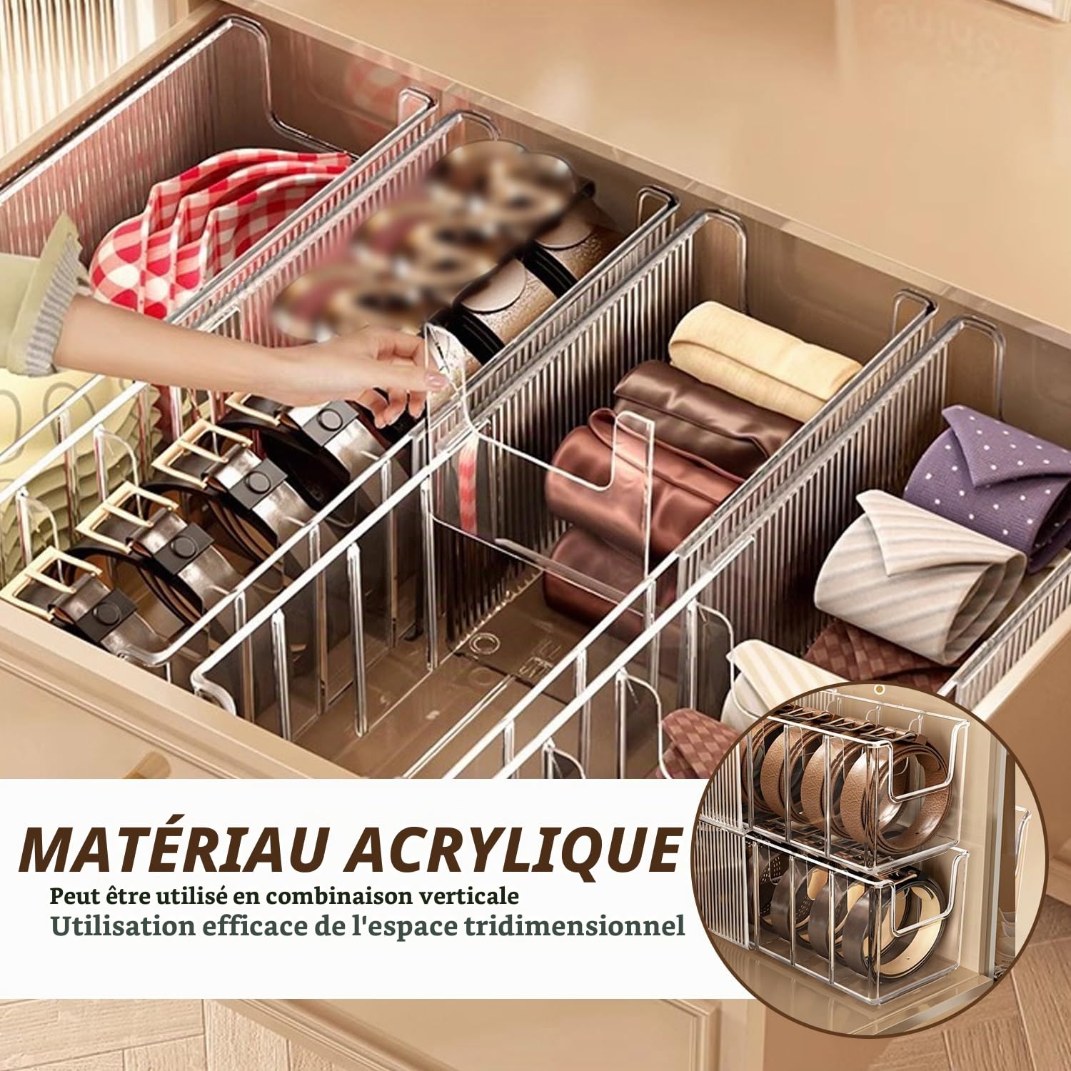 Range Ceinture, Organiseur de Ceinture en Acrylique Rétractable, Présentoir de Ceintures avec 6 Compartiments pour Montres Cravates Bijoux et Accessoires, Séparateurs Modulables