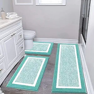 Pauwer 3-Piece Bathroom Shower Rug Set - U-Shaped Toilet Mat, Absorbent Microfiber Plush Bath Mats with Non-Slip Back, Machine Washable Shaggy Bathroom Floor Mats, Teal