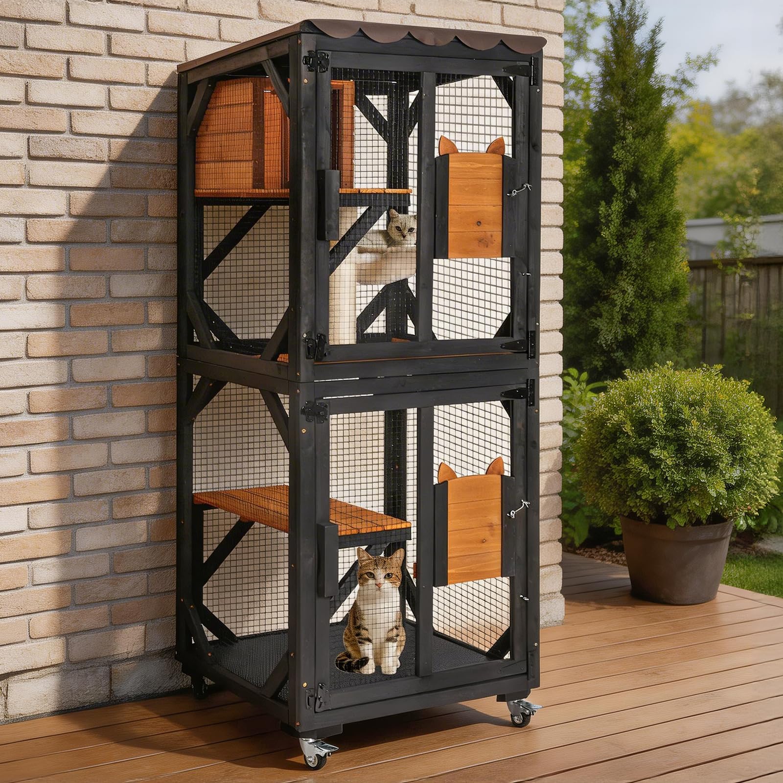 62.8’’ Cat Catio Enclosure, Multi-Level Cat Cage with Jumping Platforms, Sisal Scratching Post &amp; Weatherproof Roof Cover, Solid Fir Wood Cat House for Indoor Outdoor Use, Brown (Fits 2-3 Cats)