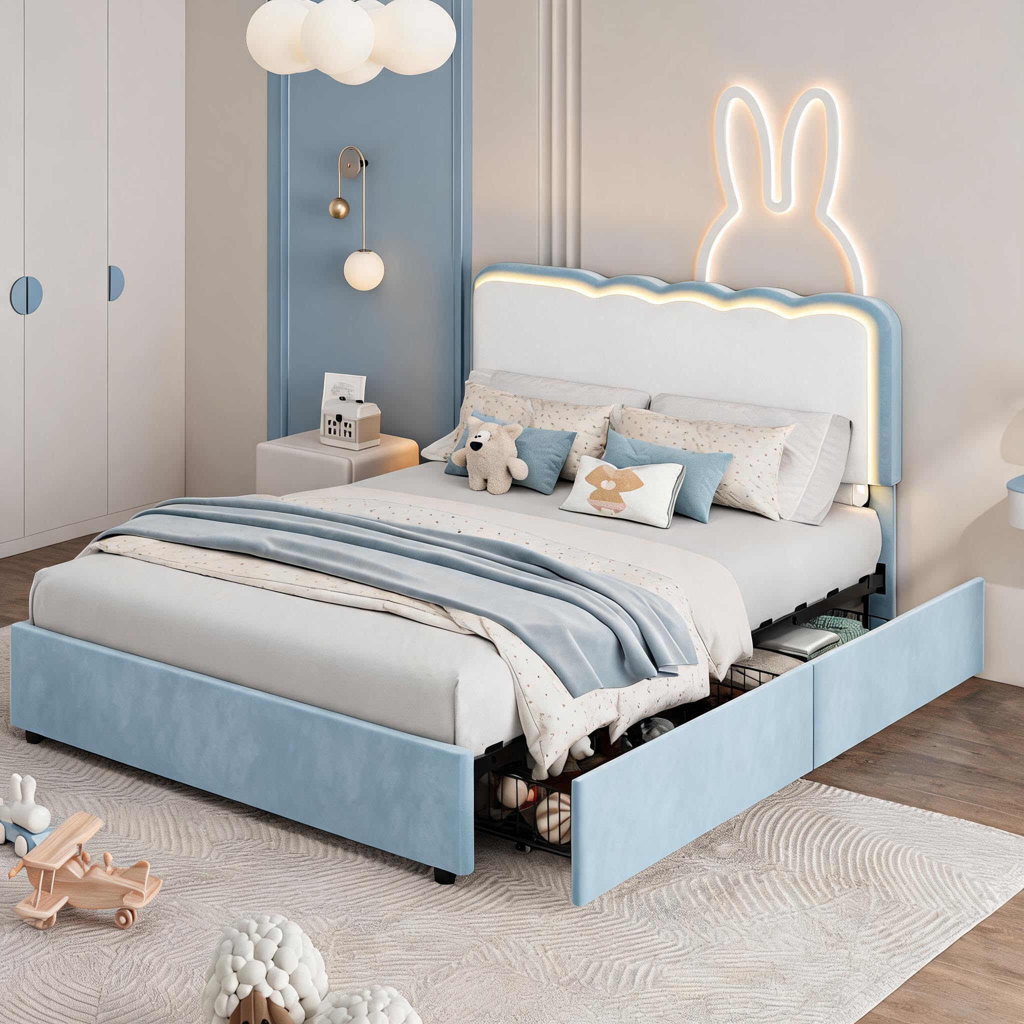 Garvee Irregular Wave LED 2-Drawer Soft Upholstered Bed, Soft Padding