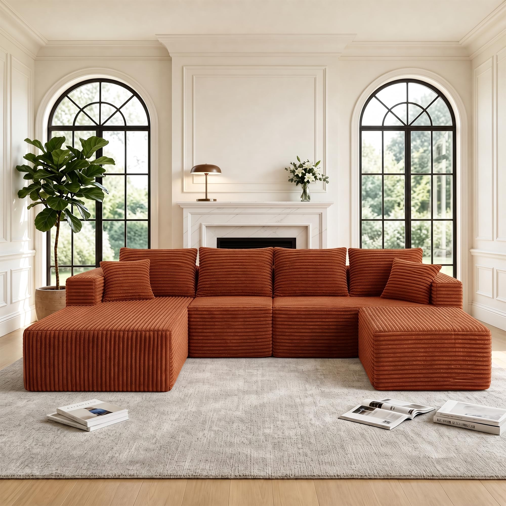 118" U-Shaped Modular Sectional Sofa, Corduroy Cloud Couch with Chaise &amp; Ottoman, Oversized Deep Seat Boneless Couches for Living Room, No Need Assembly - Orange (Left Facing Chaise)