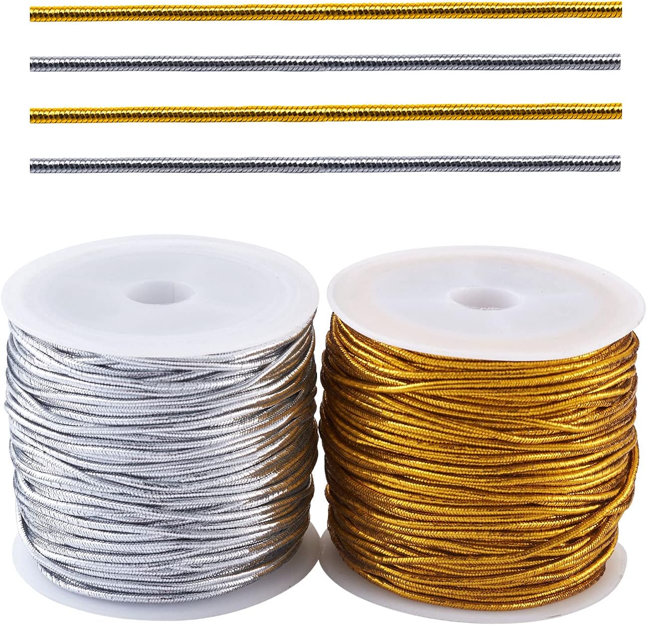 Round Elastic Cord Craftdady 4 Rolls 1mm Jewelry String Gold Silver Polyester Stretch Tinsel Cords Metallic Beading Threads for Jewelry Crafts Making Wrapping, 27 Yards/Roll