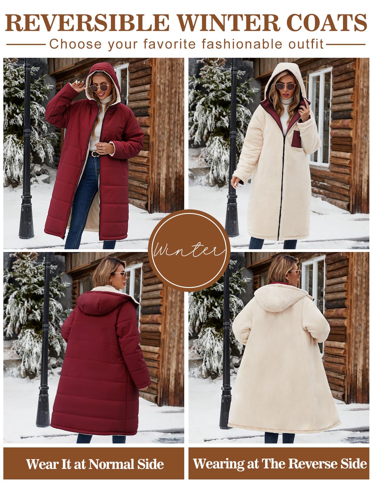 Tuopuda Giubbotto Donna Invernale Giacca Lunga Reversibile con Cappuccio