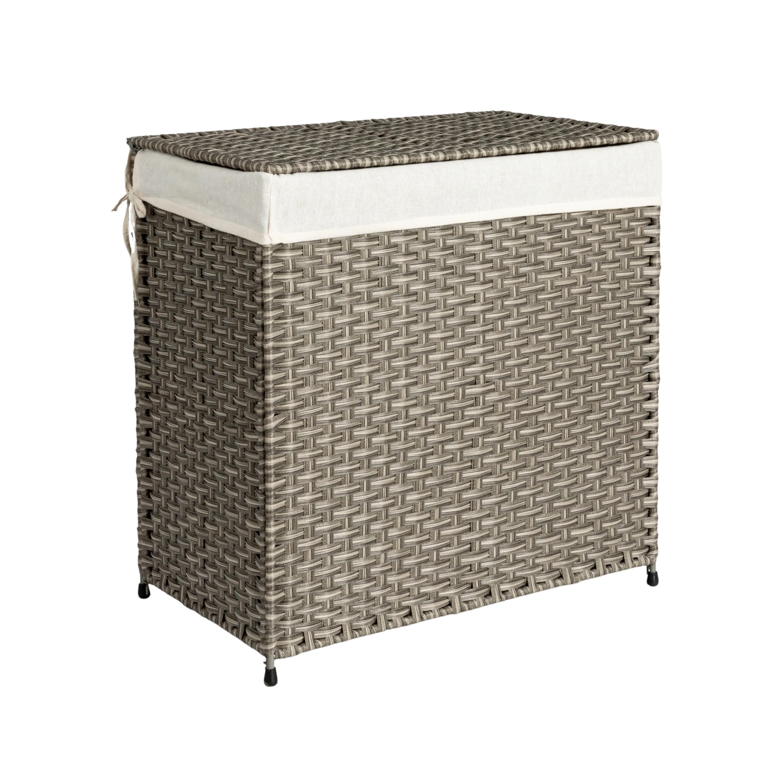Household Essentials Handwoven Laundry Hamper, Synthetic Rattan Clothes Laundry Basket with Lid and Handles, Gray