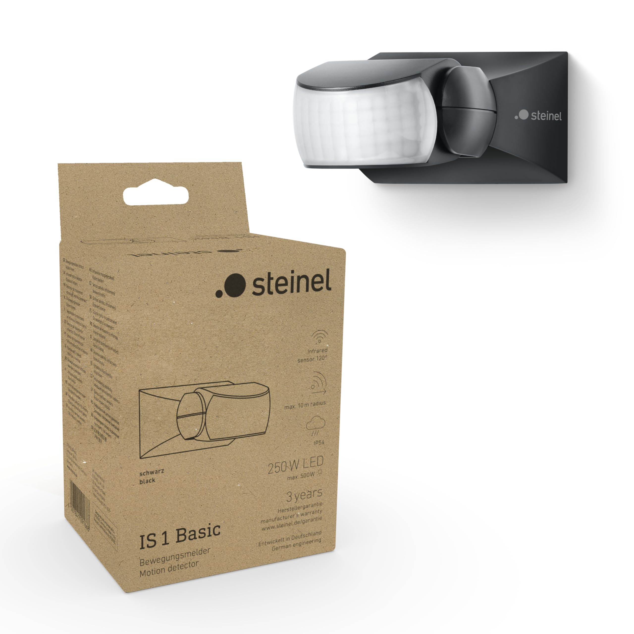 Steinel is 1 Basic Motion Detector, 120° Sensor, 10 m Range, Outdoor and Indoor Use, IP54, Surface-Mounted on Wall and Ceiling, Black
