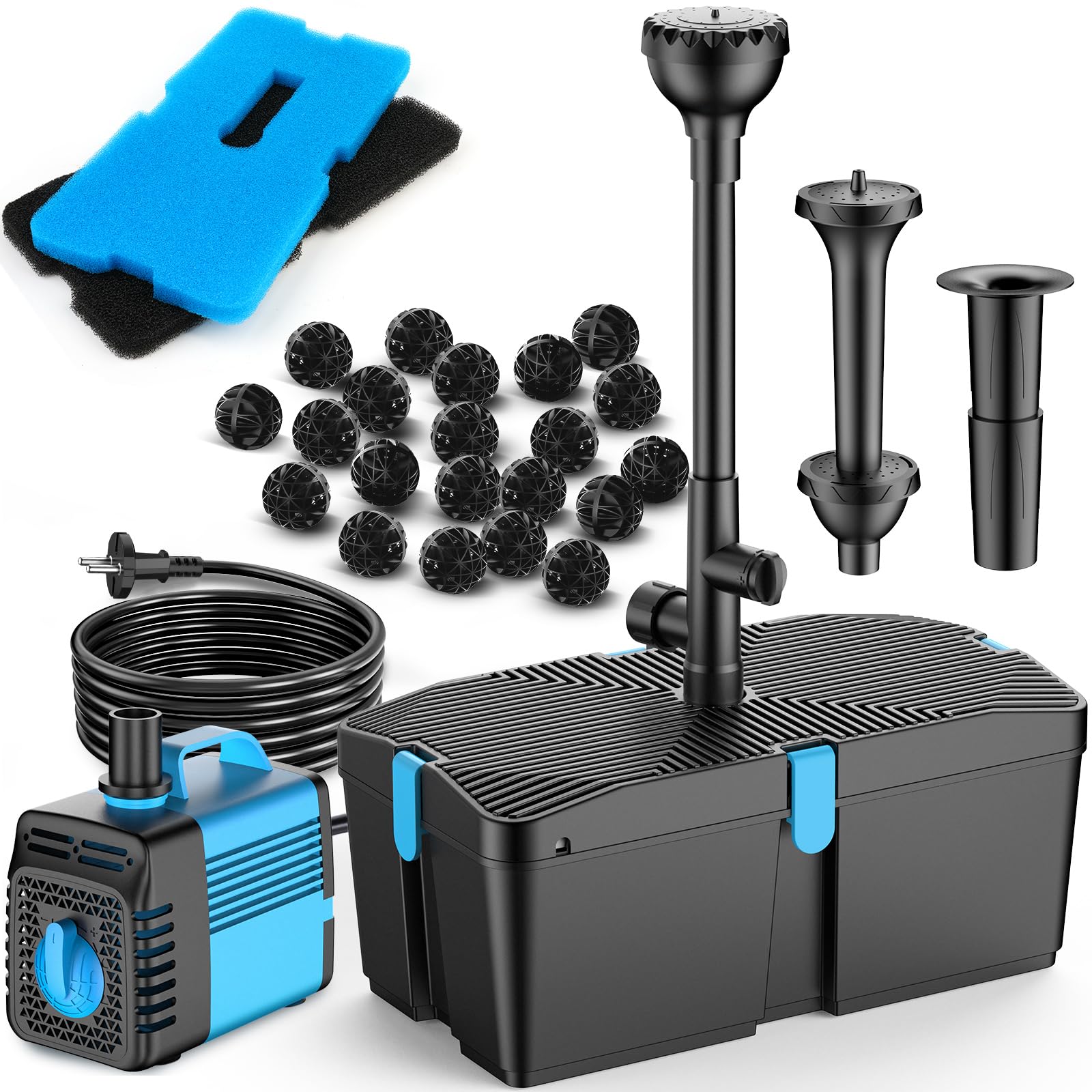 FEOXSHAL Teichfilter mit Springbrunnenpumpen-Kits, 50W Teichpumpe und Filter-Kit mit Unterwasserpumpe