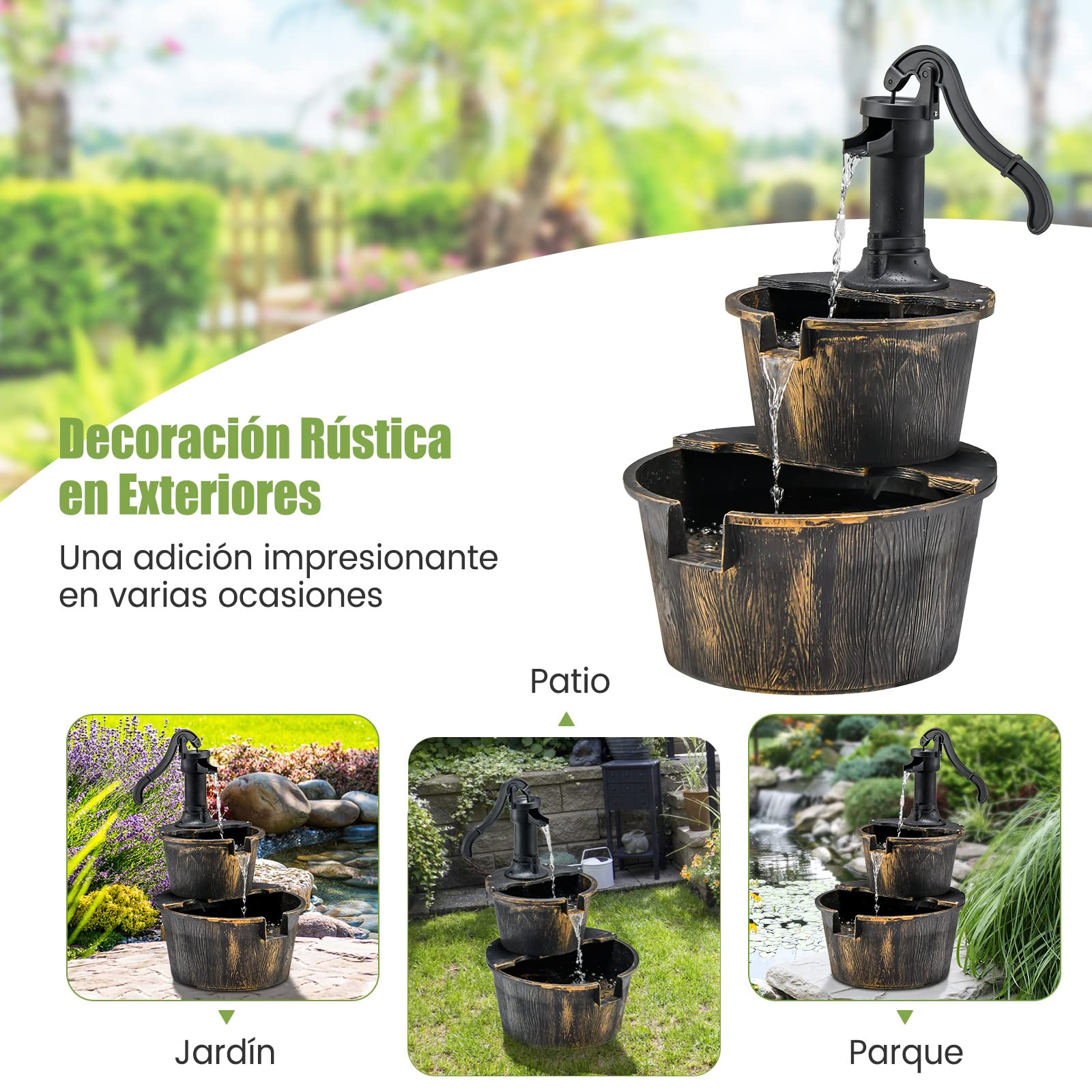 COSTWAY Fuente de Cascada de Barril al Aire Libre de 2 Niveles, Rústica con Bomba Ajustable, 68 cm para Jardín, Patio, Decoración
