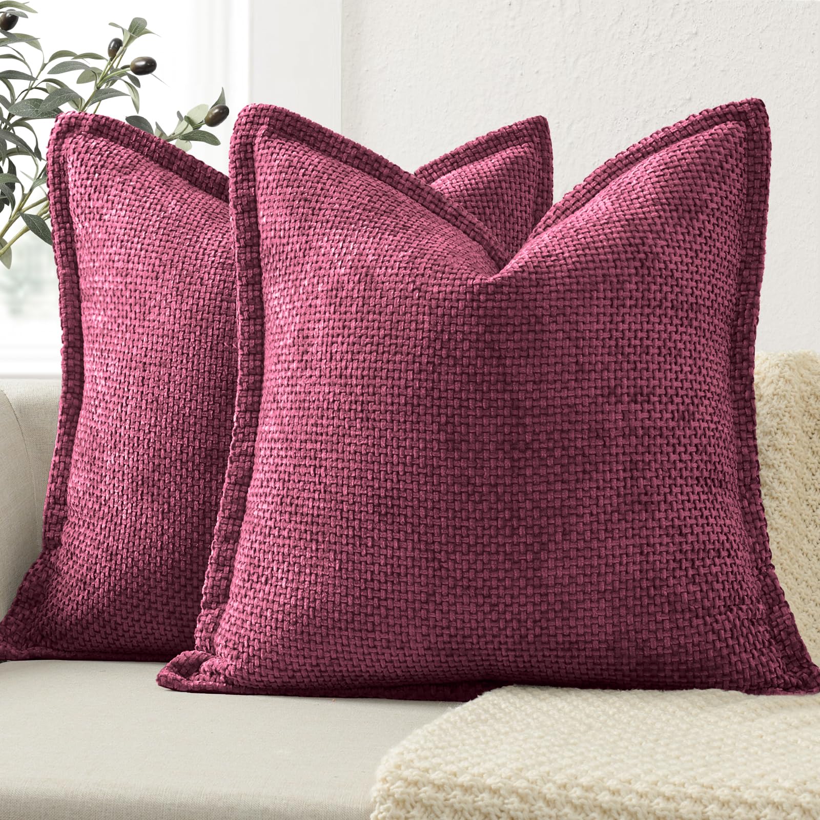 ZWJD Soft Chenille Cushion Covers 40x40 2 Pack, Decorative Cushions with Pressed Edge Design, Wine Red Luxury Home Decor Pillow Covers for Sofa, Couch, Living Room & Bedroom Modern Home Décor — image 1