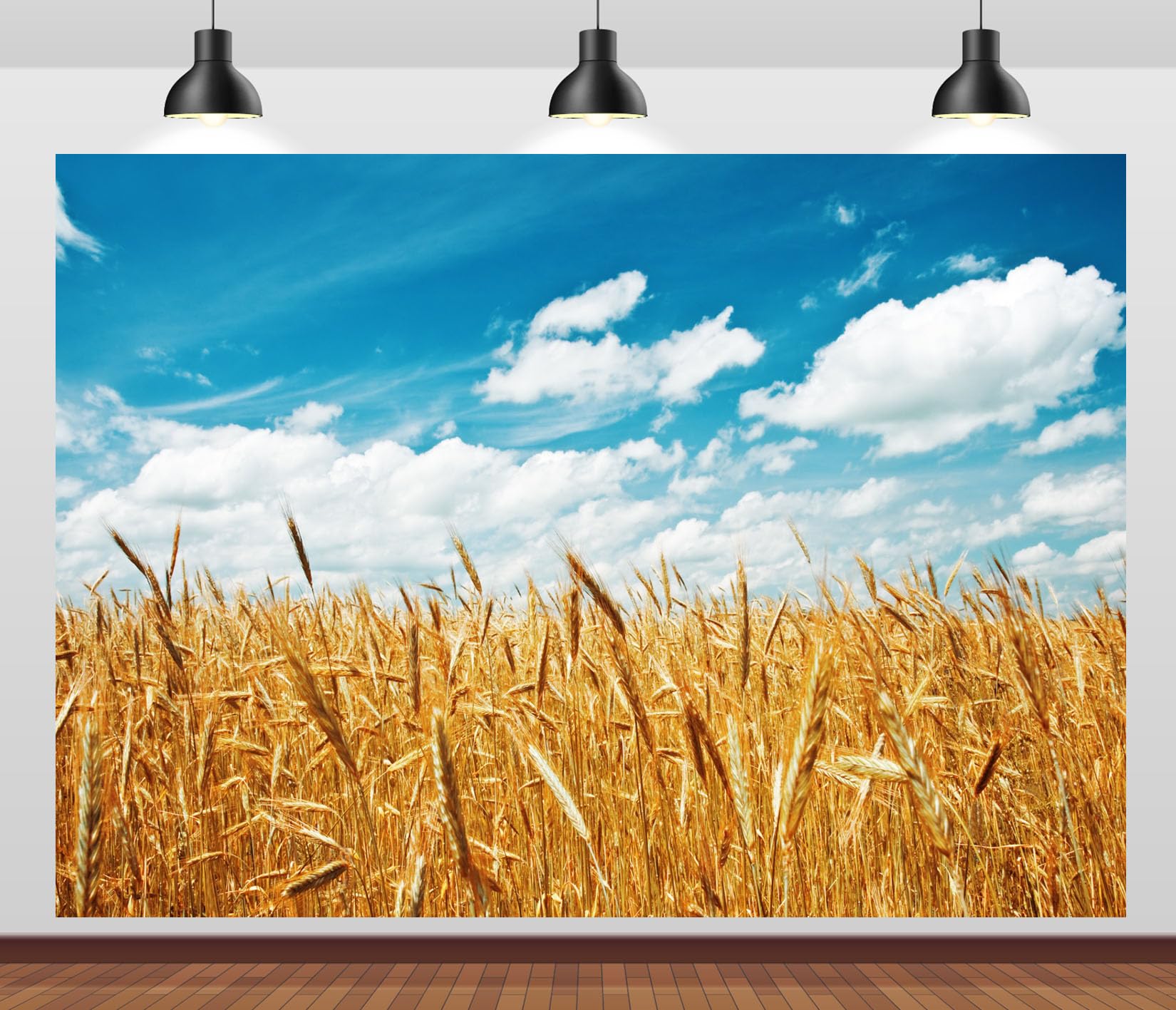 20x10FT (6x3m) Campo Di Grano Dorato Sotto Cielo Blu Sfondo Fotografico | Paesaggio Agricolo Estivo Soleggiato Fondale In Tessuto,Spighe Alte Nuvole,Per Feste Del Raccolto E Foto,Photo Booth