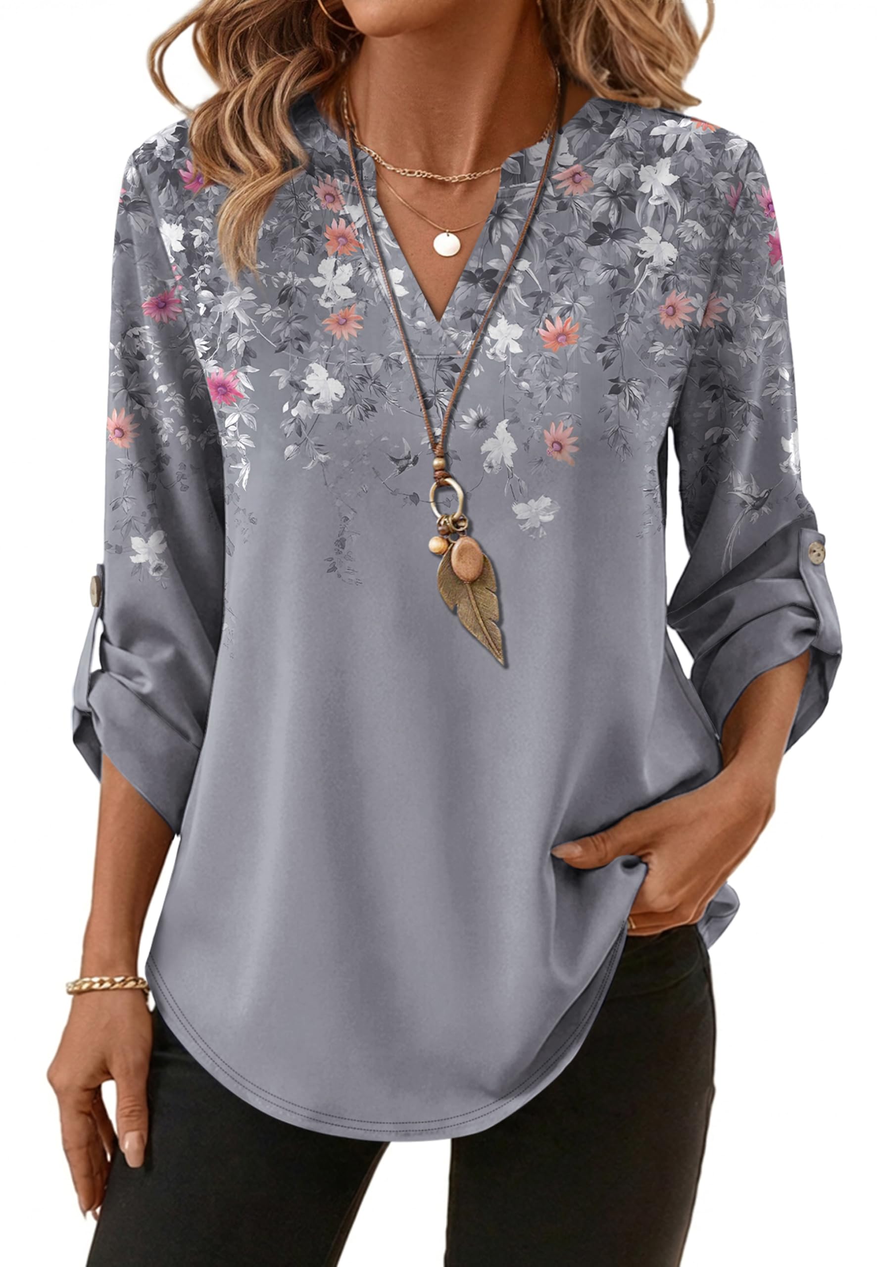 XIEERDUO 3/4 Length Sleeve Womens Tops V Neck T Shirts Both Side Buttons Blouses Business Casual Outfits Loose Fit