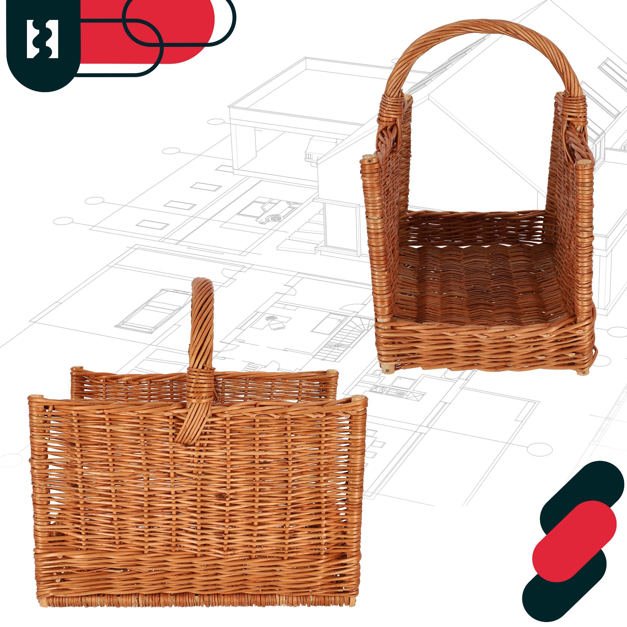 KOTARBAU® Cesta Leña Chimenea - Mimbre - 45 x 29 x 45 cm - Marrón - Capazo para Leña - Cesta de Mimbre - con Asa - Rectangular - Natural - Robusto