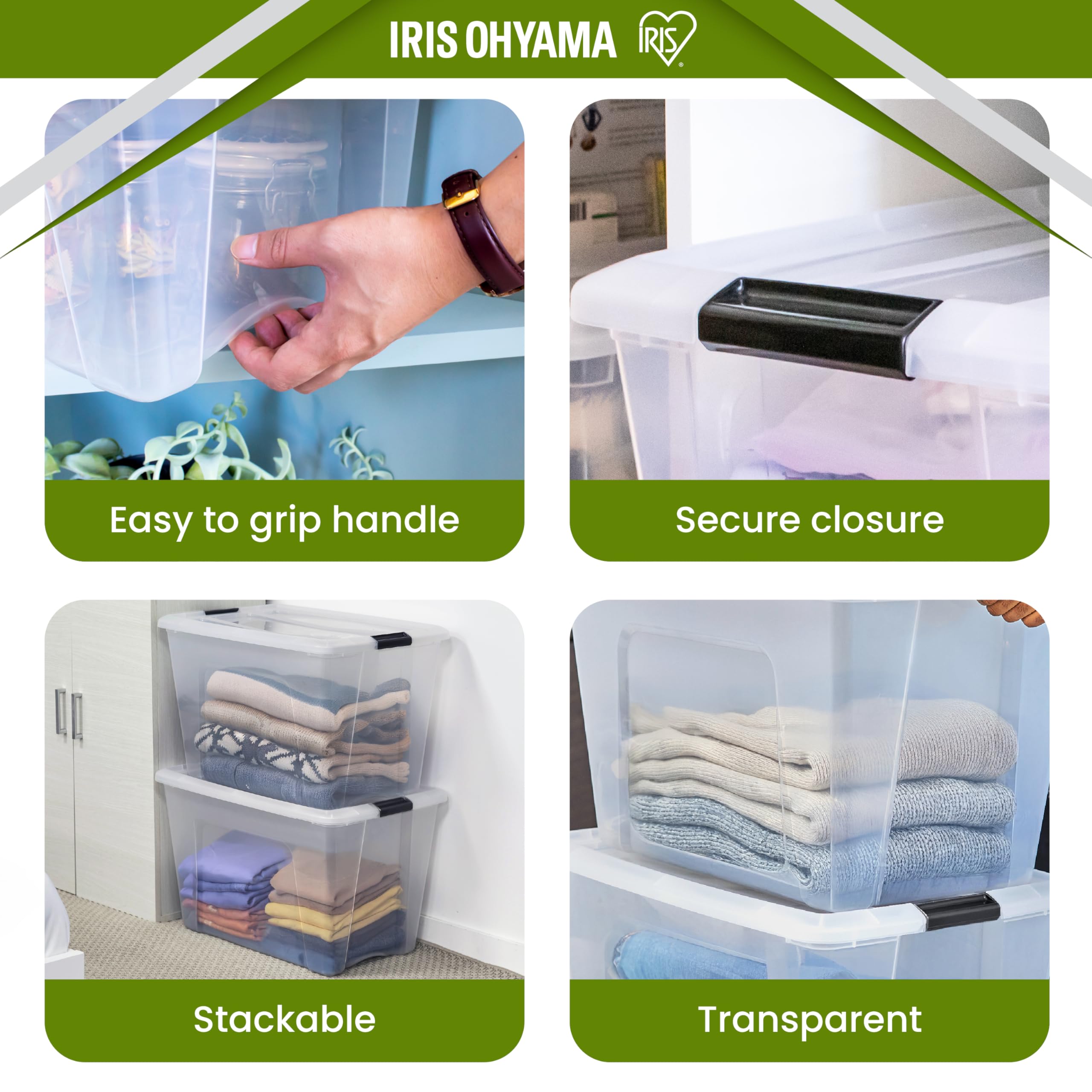Iris Ohyama Opbergdozen met Deksel, 55L, Transparant, Veilig Afsluiten, Stapelbaar, Handgrepen, Slaapkamer, Kast, Kantoor, Organisatie, BPA-vrij Plastic, Organisatiedozen, BSB-55