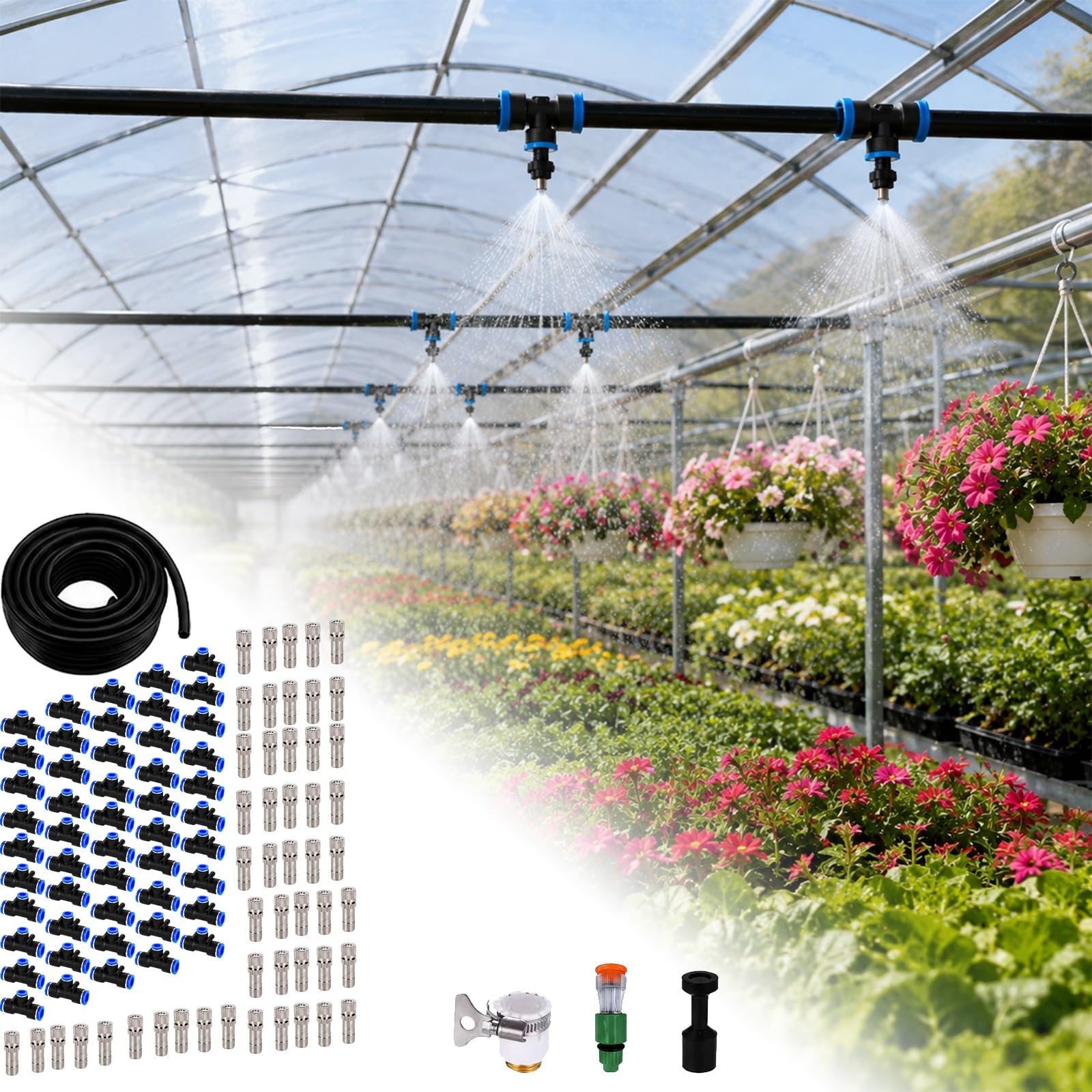 Sprinkler Irrigation Kits Flower Vegetable Growing Drip Irrigation Kits, Quick Connect Sprinkler System, Efficient Greenhouse Humidification Atomizer Watering(50m/164')
