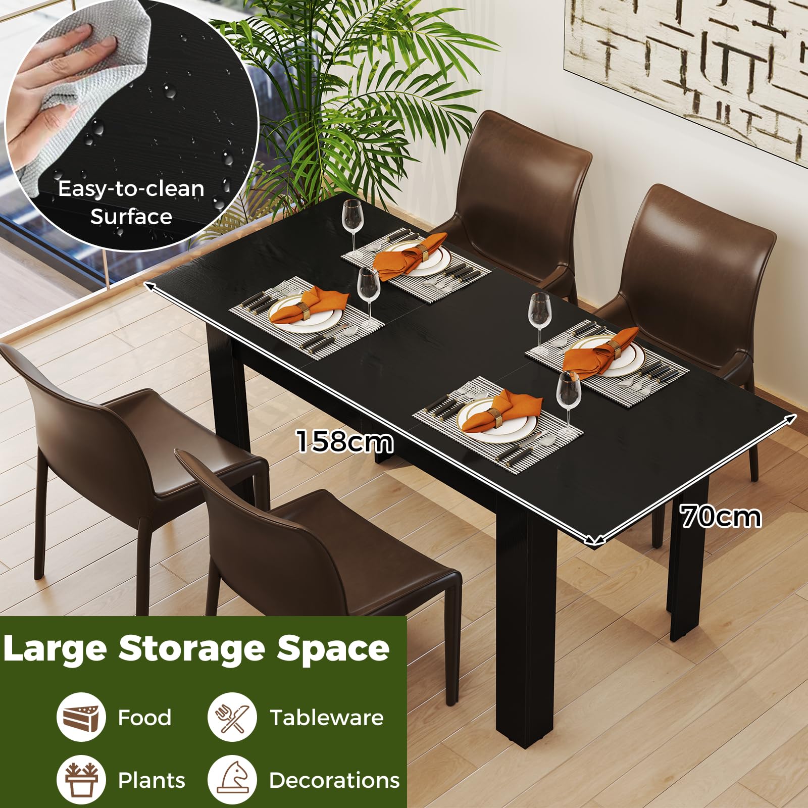 LIFEZEAL Tavolo da Pranzo Allungabile, 158x70cm per 4-8 Persone, Tavolo da Cucina, da Sala da Pranzo, Estensibile, Moderno, in Legno, Ampio Piano, Gambe a Forma di L, Montaggio Facile, Max 110kg, Nero