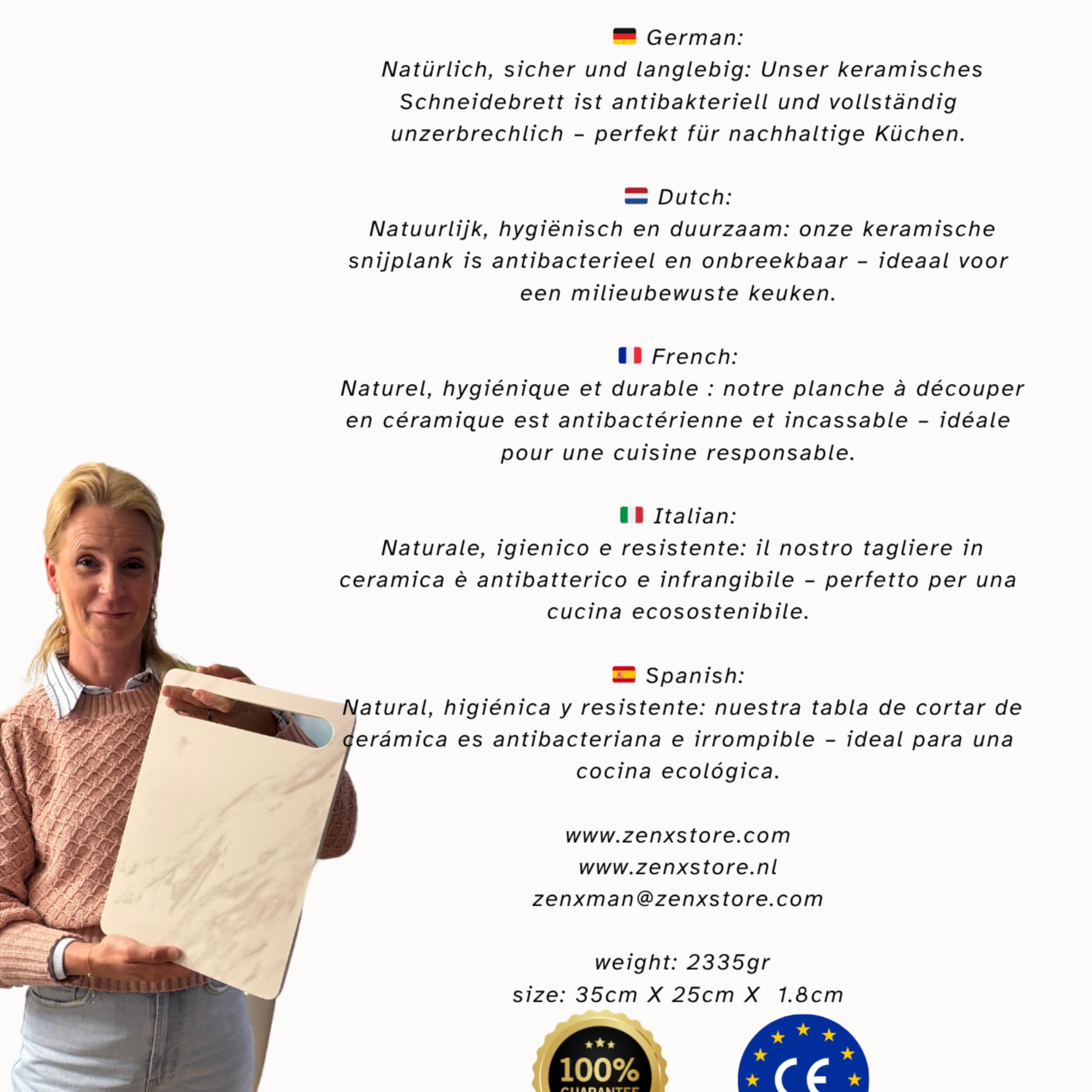 Porzellan Schneidebrett – Hygienisch & Bruchsicher – Antibakteriell, Messerfreundlich – Nimmt Keine Gerüche & Farben Auf – Pflegeleichtes Schneidebrett für Küche & Haushalt