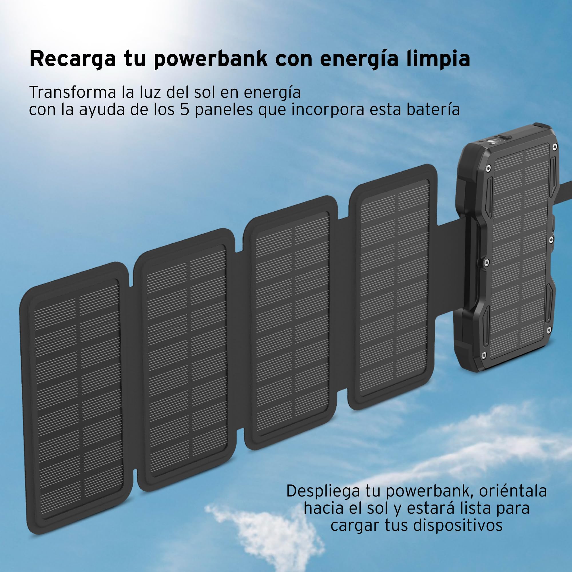 HEAD Power Bank 10000mAh con Linterna, Batería Externa Carga Rápida con Energía Solar, Cargador Portátil Inalámbrico para iPhone y Android, Power Bank USB-C con Diseño Plegable y Cable Incluido