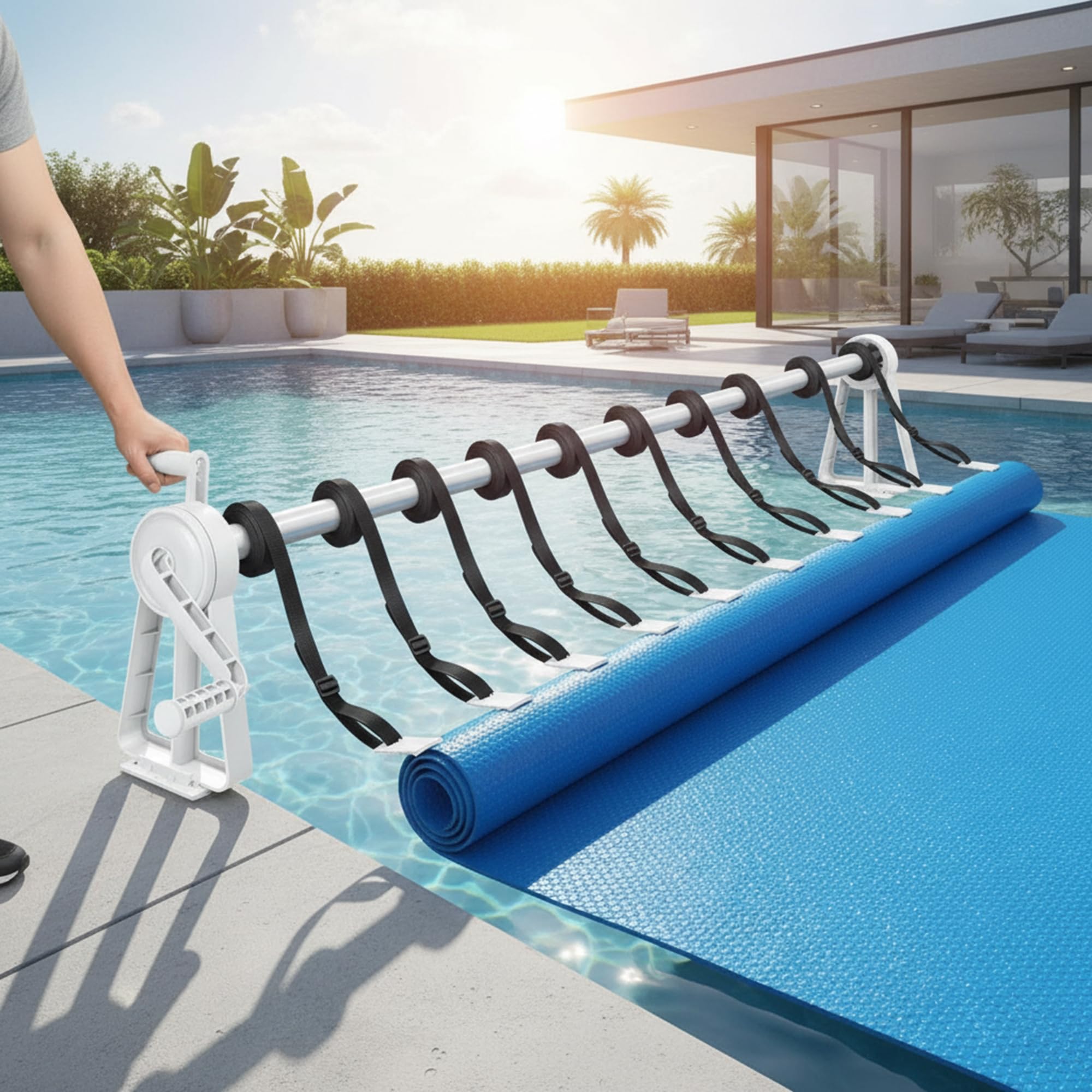 Mucola Aufrollvorrichtung Pool Solarfolie 100-600 cm – Aluminium Teleskopstange stufenlos verstellbar mit Standfüßen und Befestigungsgurten | Poolzubehör für müheloses Aufrollen der Poolabdeckung