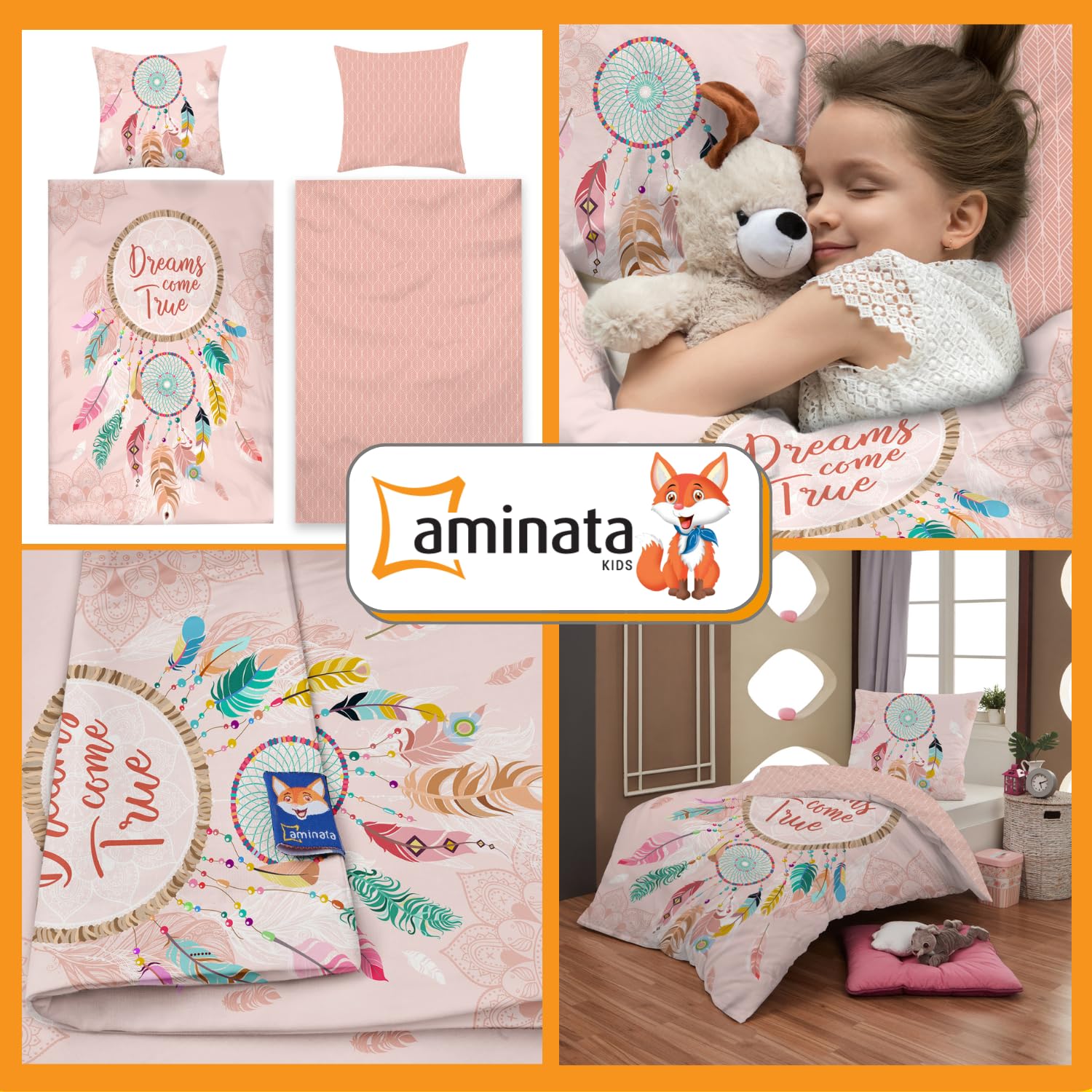 Aminata kids Bettwäsche 135x200 Traumfänger-Motiv Mädchen 100% Baumwolle Wende-Kinder-Bettwäsche-Set Dreamcatcher Federn YKK Reißverschluss rosa