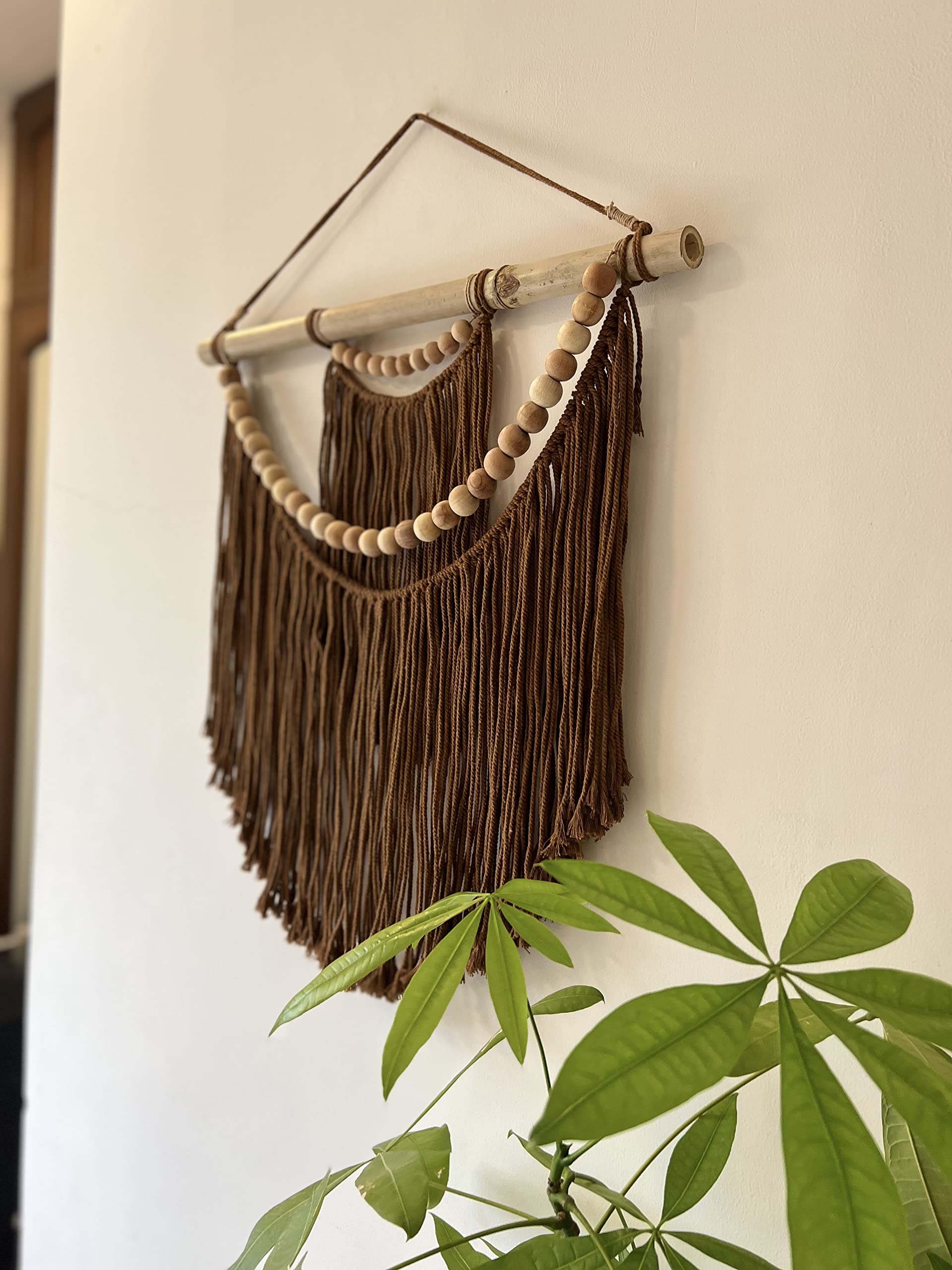 KAIRU Boho Wall Hanging, Macrame and Wood Beads Wall Accent, Burnt Brown (Length: 20 inches; Width: 18 inches)