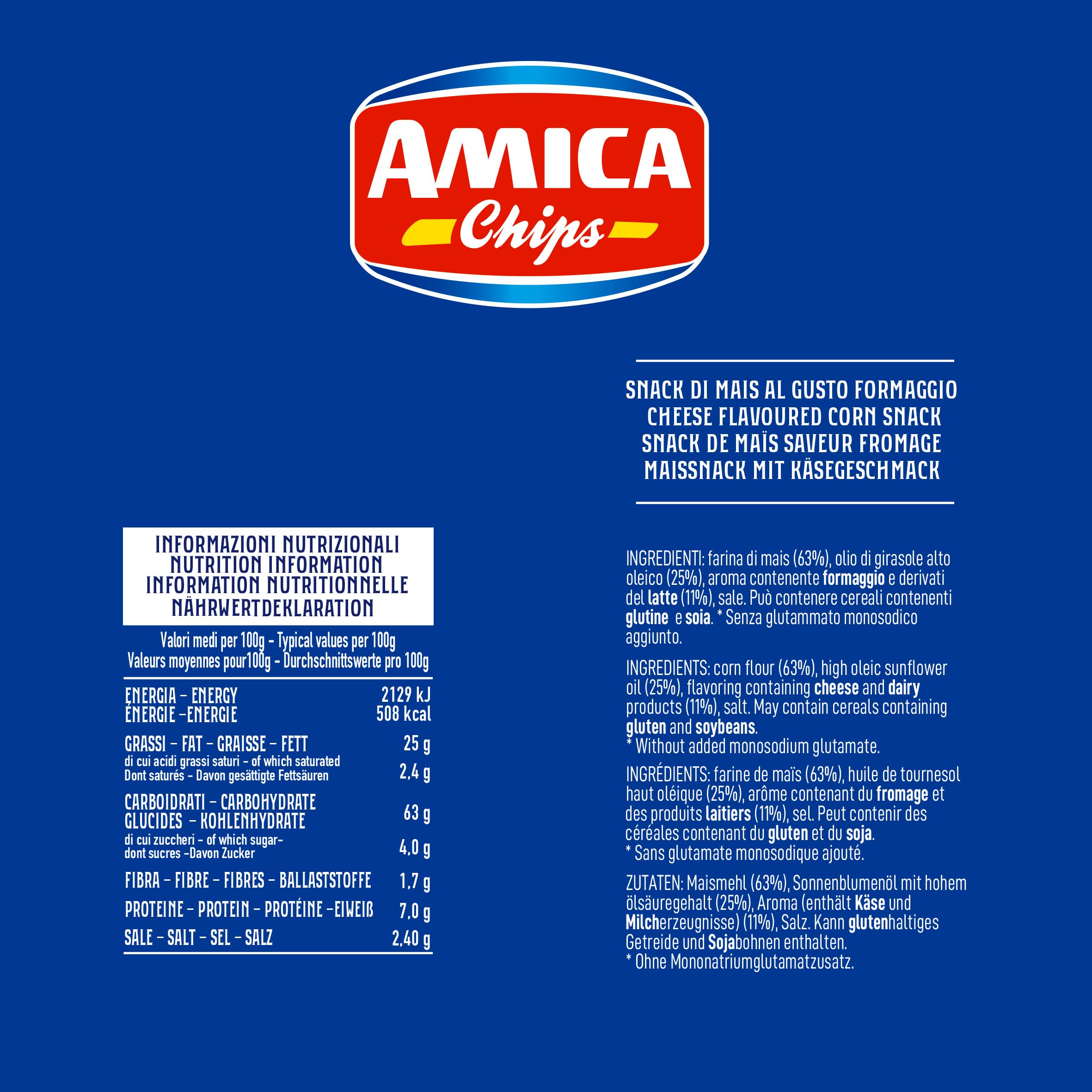 AMICA Chips | Patatine Pallina al Gusto Formaggio, Snack di Mais Cotto al Forno, Senza Glutammato Monosodico, Con Olio di Semi di Girasole, 24 Pezzi x 50 gr