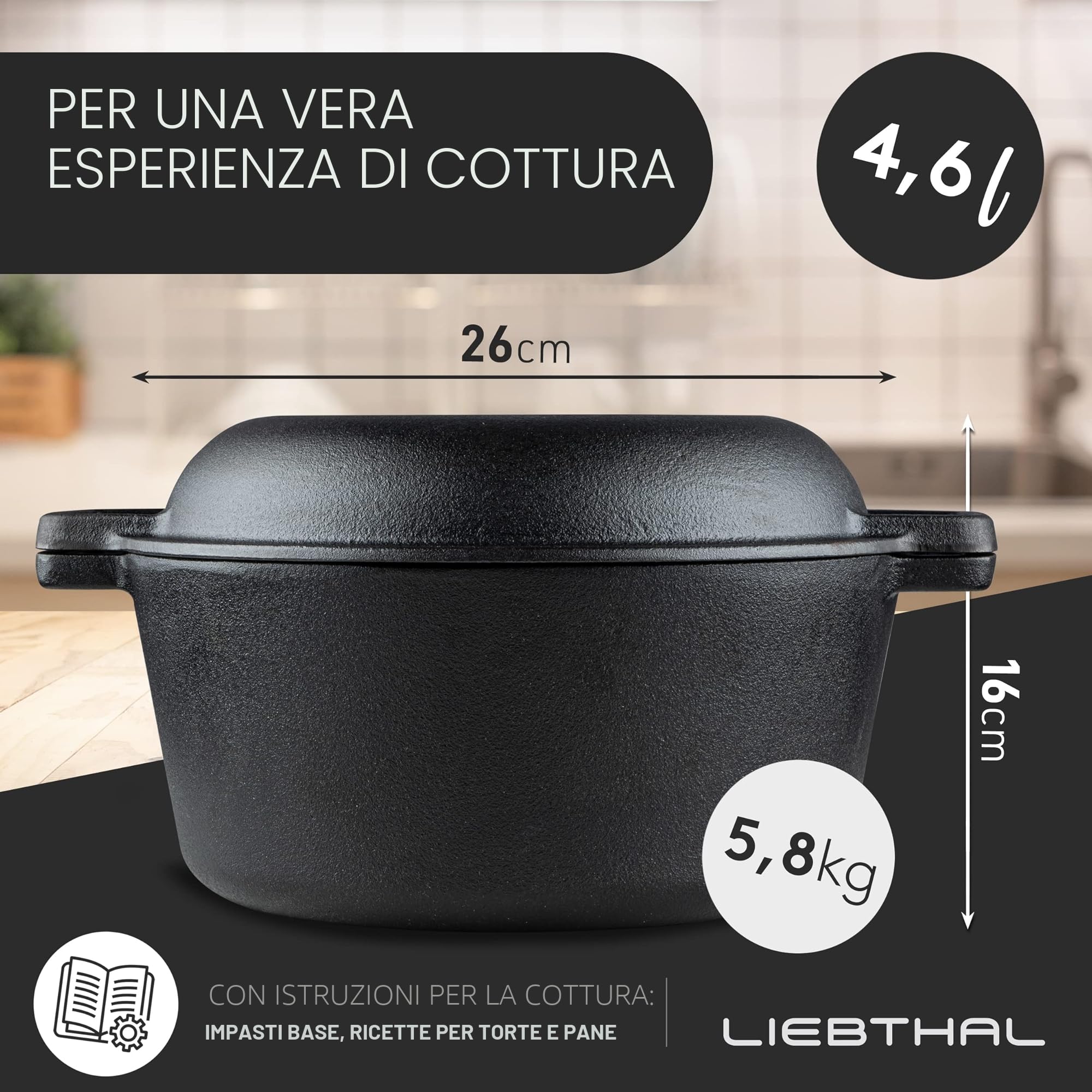 LIEBTHAL Pentola in Ghisa per Cuocere il Pane - Robusta Con Inserto in Silicone Antiaderente Su Misura - Stampo Con Coperchio 4,6 L - per Arrosto