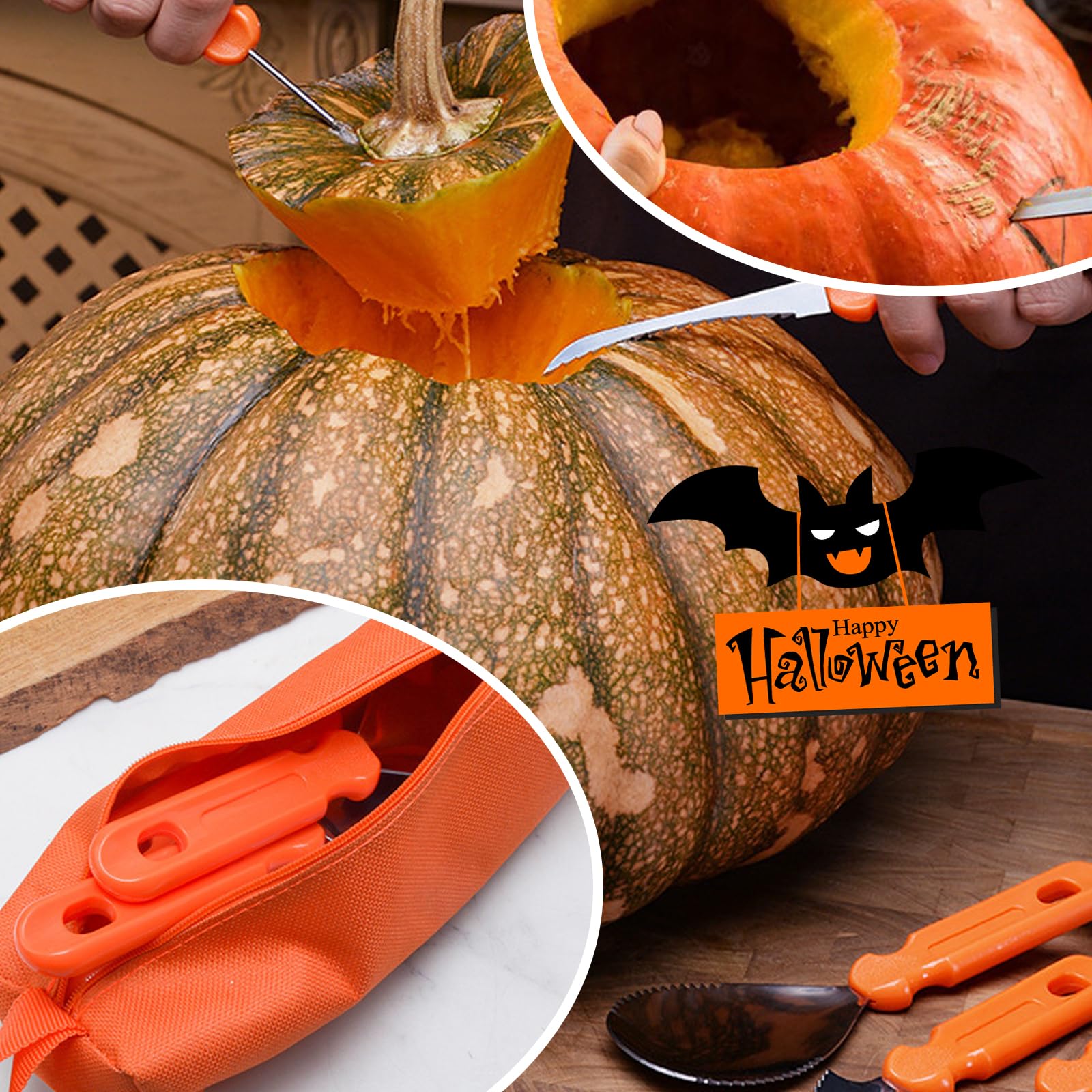 Zestaw do rzeźbienia dyni Halloween, 7 sztuk dyni do pielęgnacji dyni, zestaw do rzeźbienia ze stali nierdzewnej z torbą do przechowywania i 10 szablonami grawerowania
