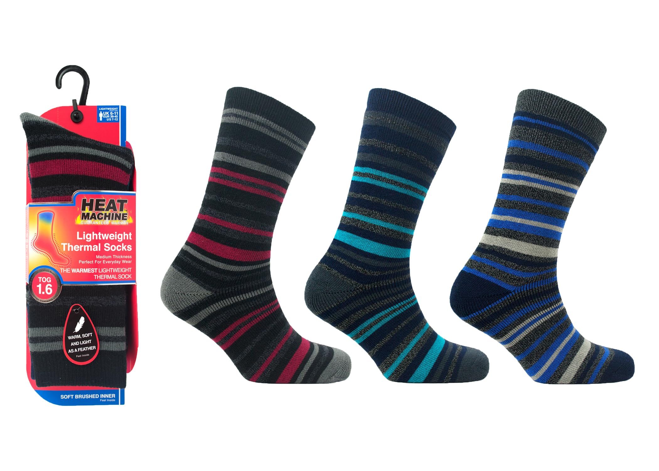 Heat Machine Men's Stripe Thermal Lite | 3 Pairs | 1.6 Tog Lightweight Winter Socks | Warm Everyday Thermal Boot Lounge Dress Socks (Uk, Numeric, 6, 11, Regular, Regular, )