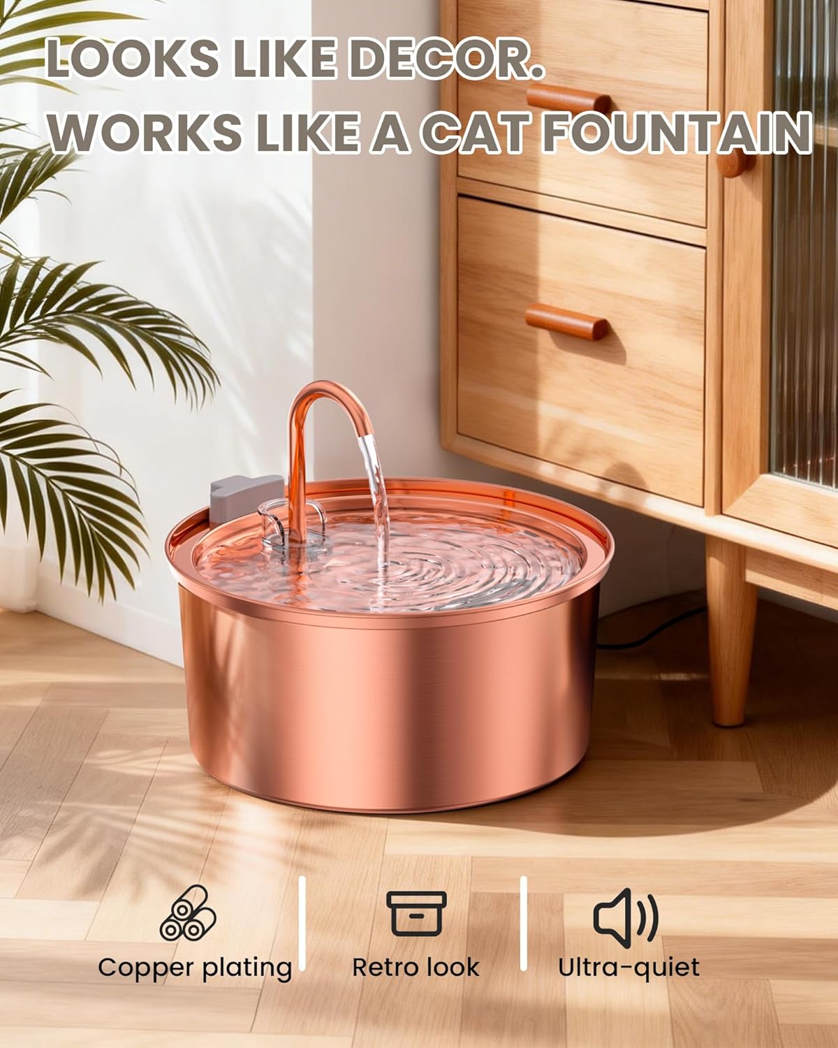 Tomxcute Copper Cat Water Fountain, 108oz/3.2L Large Capacity, Ultra-Quiet Pump (≤25dB), Multi-Layer Filtration, Easy Hand-Wash Design for Cats & Small Dogs