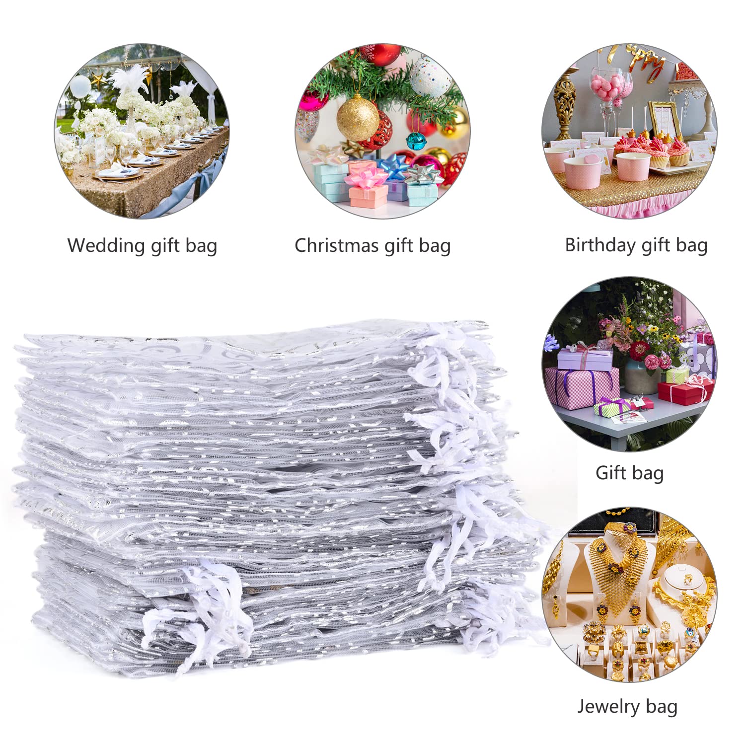 Sacchetti Regalo In Organza 9x12 Cm - 100 Pezzi, Bianco, Per Bomboniere, Matrimoni, Caramelle, Gioielli - Foto 10