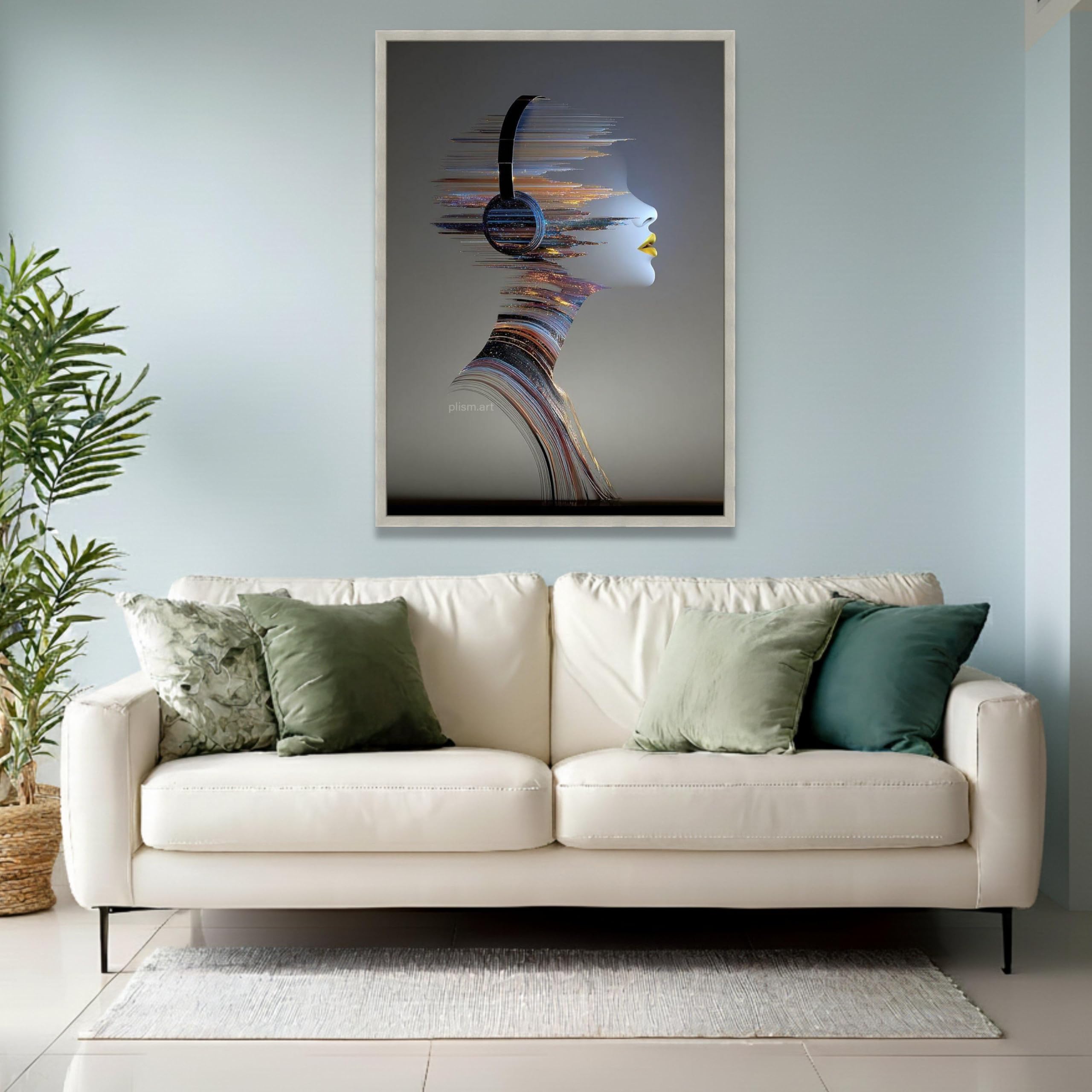 XINBAO Abstrakcyjny profil kobiety obraz na płótnie, futurystyczny zestaw słuchawkowy sztuka ścienna portret muzyczny wystrój domu artystyczny design (21 x 30 cm/wewnętrzna rama)