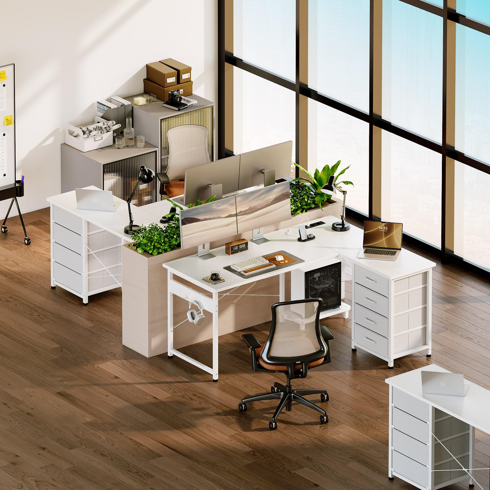 ODK Escritorio Esquinero con Cajones, 135×100 cm Escritorio en L con Enchufes y Puerto de Carga USB, Escritorio Esquina Reversible con Almacenamiento para Oficina en Casa, Blanco